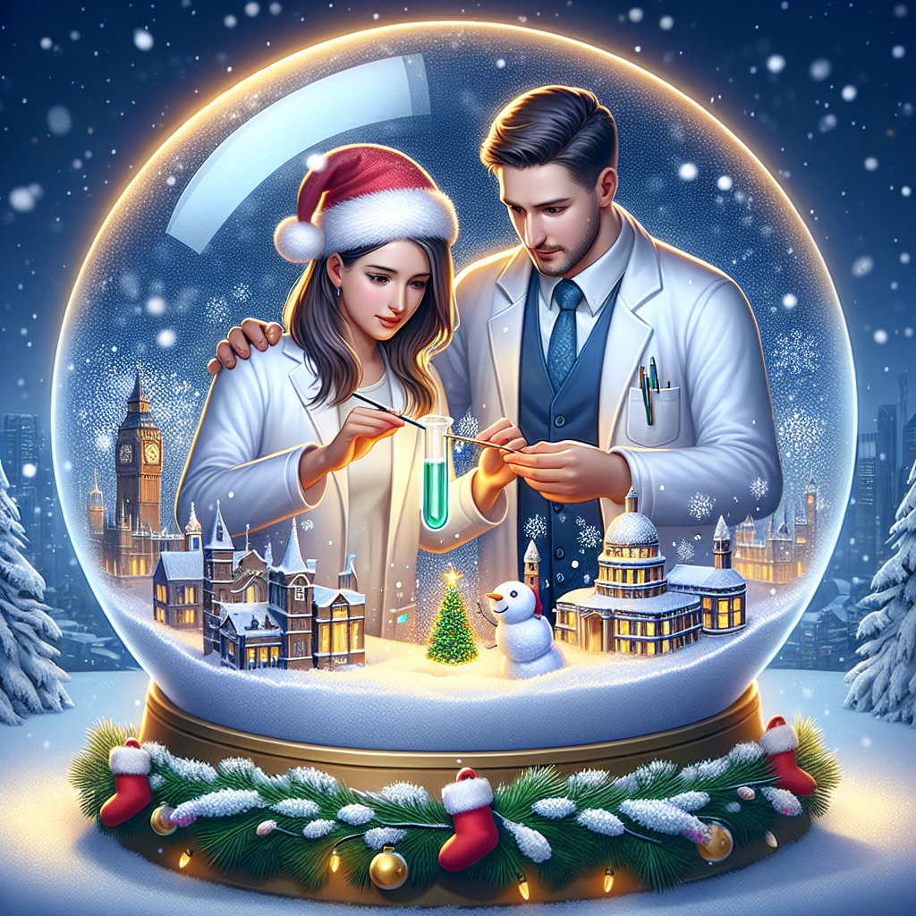 In this heartwarming Christmas scene, a female scientist with long brown hair and white skin is examining a test tube with a shimmering substance reminiscent of snowflakes, while a male forex trader with short brown hair and white skin looks on, a Santa hat perched jauntily on his head. They are in a snowglobe-like setting with London's snowy streets and holiday decorations in the background.
Generated with these themes: Female scientist with white skin and brown long hair, Male forex trader with white skin and short brown hair, and London.
Made with ❤️ by AI.