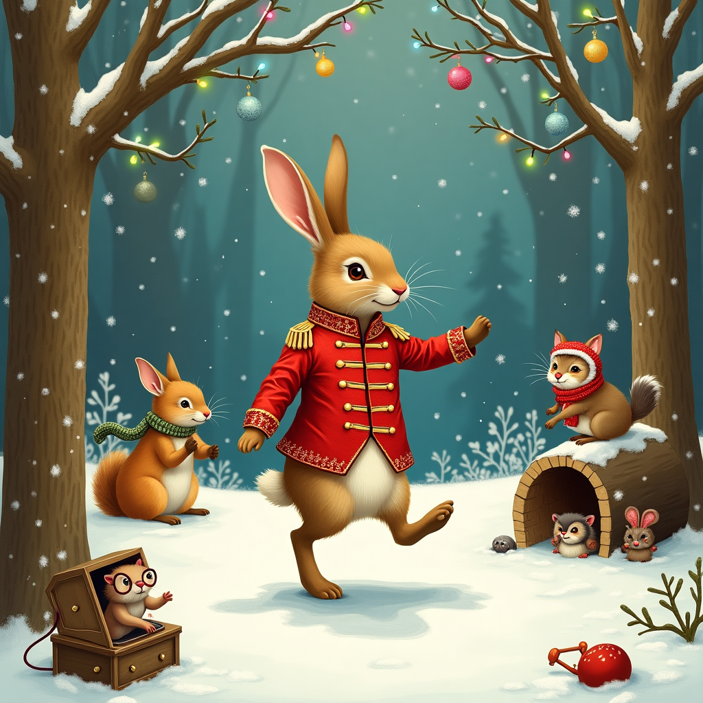In this delightfully quirky Christmas card design, imagine a whimsical and slightly fantastical scene inspired by a fusion of Beatrix Potter's charming animal world and the dynamic energy of Michael Jackson. At the center of the card is a dapper rabbit, reminiscent of a Rockwell character, dressed in a snappy sequined red jacket with tiny gold epaulettes, clearly channeling Michael Jackson's iconic style. The rabbit stands on his hind legs in a snow-laden forest clearing, performing the Moonwalk across a small, icy patch. A small audience of woodland creatures is gathered around, clapping and cheering him on—there's a fox in a knitted scarf, an owl wearing round spectacles perched on a snowy branch, and a hedgehog in earmuffs peeking out from a hollow log. In the background, the trees are adorned with glittering ornaments and twinkling fairy lights, casting a soft, magical glow over the scene. A tiny, vintage phonograph, inspired by Gorey's intricate details, sits nearby playing "Rockin' Around the Christmas Tree" with a touch of Jackson's signature beats. Above the clearing, snowflakes gently fall, some shaped like little music notes, adding to the enchanting harmony of this festive woodland performance. This lively celebration captures the playful essence of both Christmas and the King of Pop, creating a truly memorable card cover.
Generated with these themes: Michael Jackson christmas.
Made with ❤️ by AI.