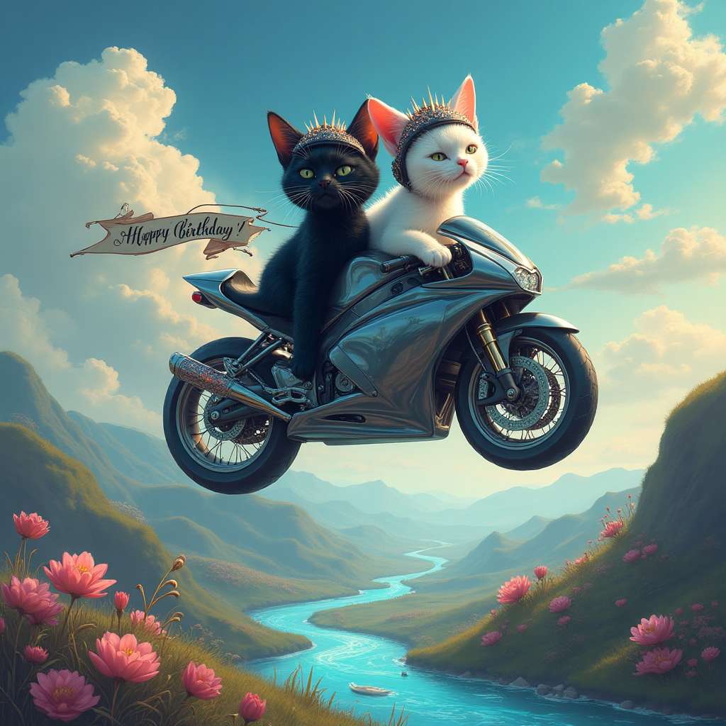 At the top of the Surreal Style image, the text reads: "Happy birthday Ella!"

**Image Description:**

In a whimsical landscape where reality dances with dreams, imagine a scene where the rules of nature have taken a playful vacation. A sleek, metallic sport bike, painted in shades of deep onyx and shimmering silver, defies gravity as it floats through a sky of swirling, candy-colored clouds. Its wheels are spinning with tiny galaxies, radiating a glow that reflects off the bike's polished frame.

Perched atop this airborne bike are two charismatic cats, one jet black and the other snow white, each wearing tiny helmets adorned with spikes reminiscent of black metal aesthetics. Their expressions are a mix of adventurous spirit and feline curiosity, whiskers twitching in the wind.

Below them, a dreamy landscape unfolds—rolling hills that resemble the undulating contours of a Salvador Dali painting. Oversized flowers with petals of midnight blue and starlight white bloom around a twisting river that glows with a soft, phosphorescent light. The scene is bathed in an ethereal glow, making the cats and their magical ride the focal point of this fantastical birthday greeting.

A small banner trails behind the bike, fluttering like a gentle whisper, with the words: "Purrfectly Wild Ride!" written in elegant, swirling script.
Generated with these themes: Sport bikes , Black metal, Cats , , and .
Made with ❤️ by AI.