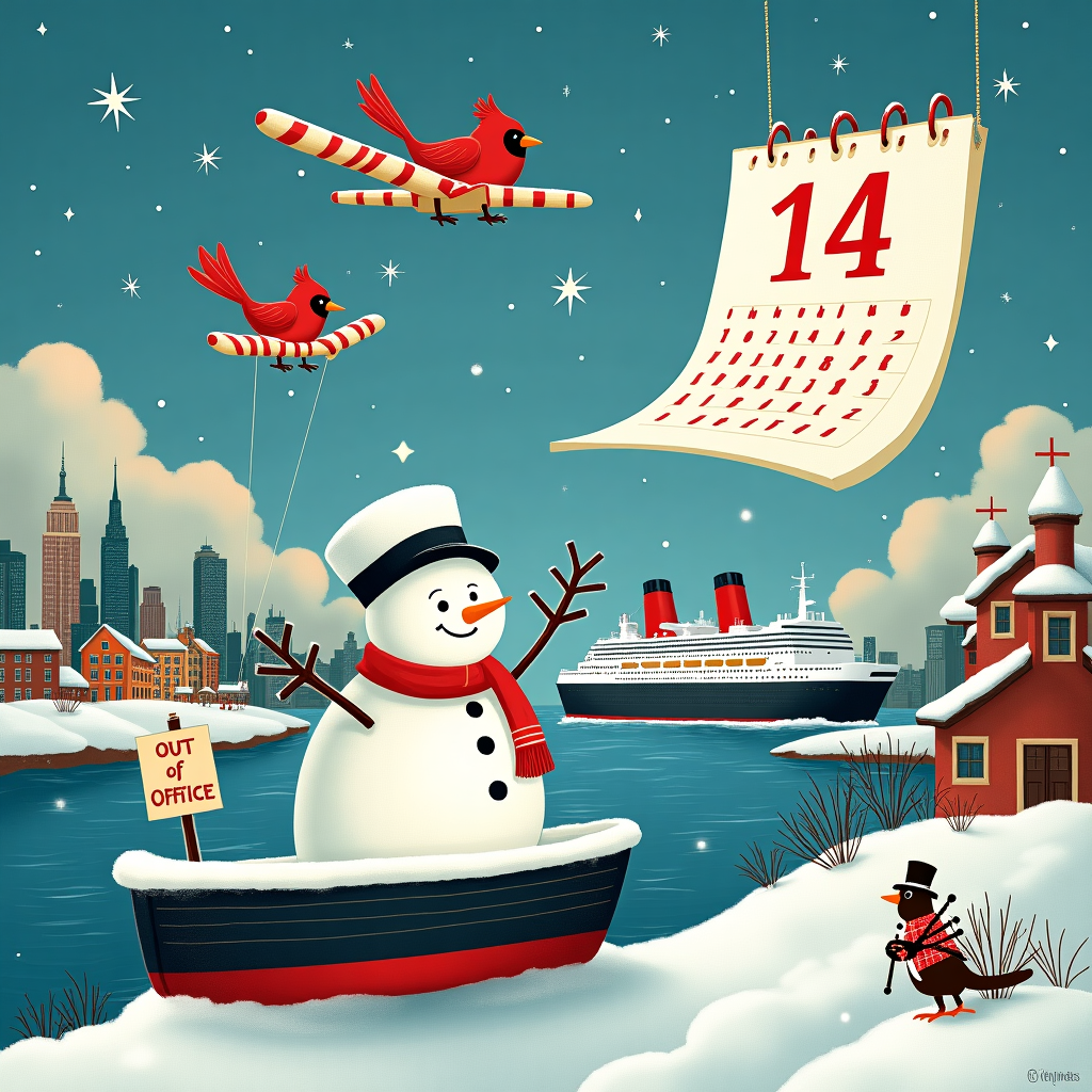 Out of office, Calendar showing 14th January , Queen mary 2, Boston, Glasgow, Aeroplane, and New york Christmas Card
