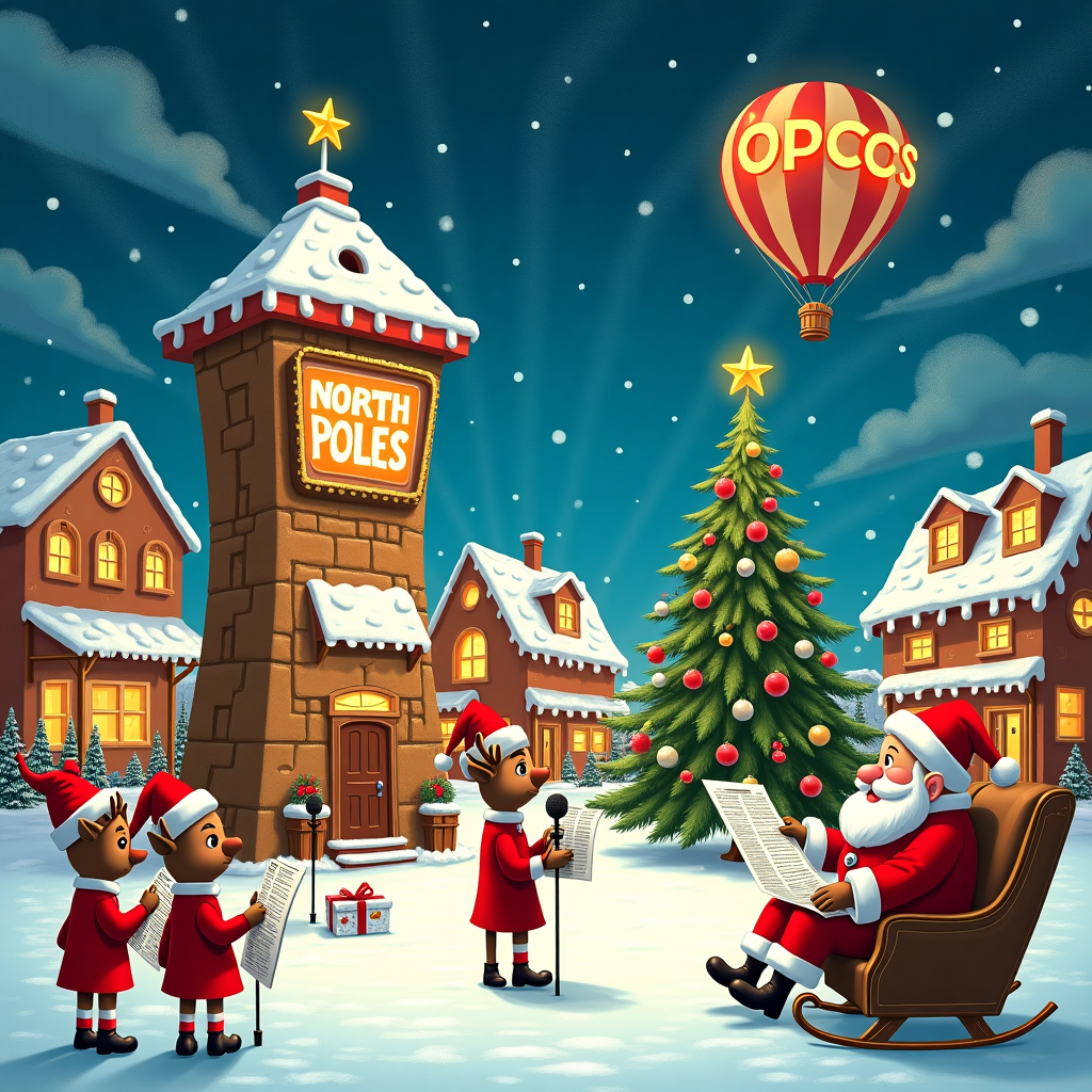 In a whimsical Christmas scene, a bustling snow-covered town square comes to life with quirky charm and media magic. At the center of this vibrant illustration, a giant gingerbread TV tower stands proudly, with candy cane antennas and gumdrop buttons, broadcasting "North Pole News" to the gathered crowd. Elves in vintage newsboy caps, reminiscent of Norman Rockwell’s nostalgic style, eagerly distribute newspapers printed on shimmering edible paper. Nearby, a group of reindeer reporters clad in Victorian frock coats, a nod to Aubrey Beardsley’s intricate designs, conduct interviews with animated snowmen holding old-fashioned microphones.

In a nod to Maurice Sendak’s playful chaos, Santa Claus sits on a sleigh-like director's chair, reviewing scripts while sipping cocoa from a mug adorned with Edward Gorey-esque quirky illustrations. In the background, an enormous Christmas tree, its branches sparkling with magical Maxfield Parrish hues, is festooned with ornaments shaped like tiny cameras and tablets, giving a nod to modern media technology.

Above this festive hubbub, the sky is painted in a rich twilight blue, with snowflakes swirling in patterns that form the letters "Opcos," cleverly hidden among the clouds, as if written by a mischievous winter breeze. Alongside, a hot air balloon shaped like a classic film reel floats gently, its basket brimming with wrapped gifts, ensuring the name "Opcos" is a focal point from above. This whimsical tableau, merging traditional Christmas elements with media-themed curiosities, tells a charming story of holiday cheer in the digital age.
Generated with these themes: Media Stuff.
Made with ❤️ by AI.