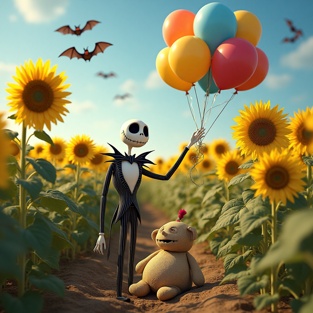 Jack skellington, oogie boogie, bats, sunflowers, balloons , and Birthday Card