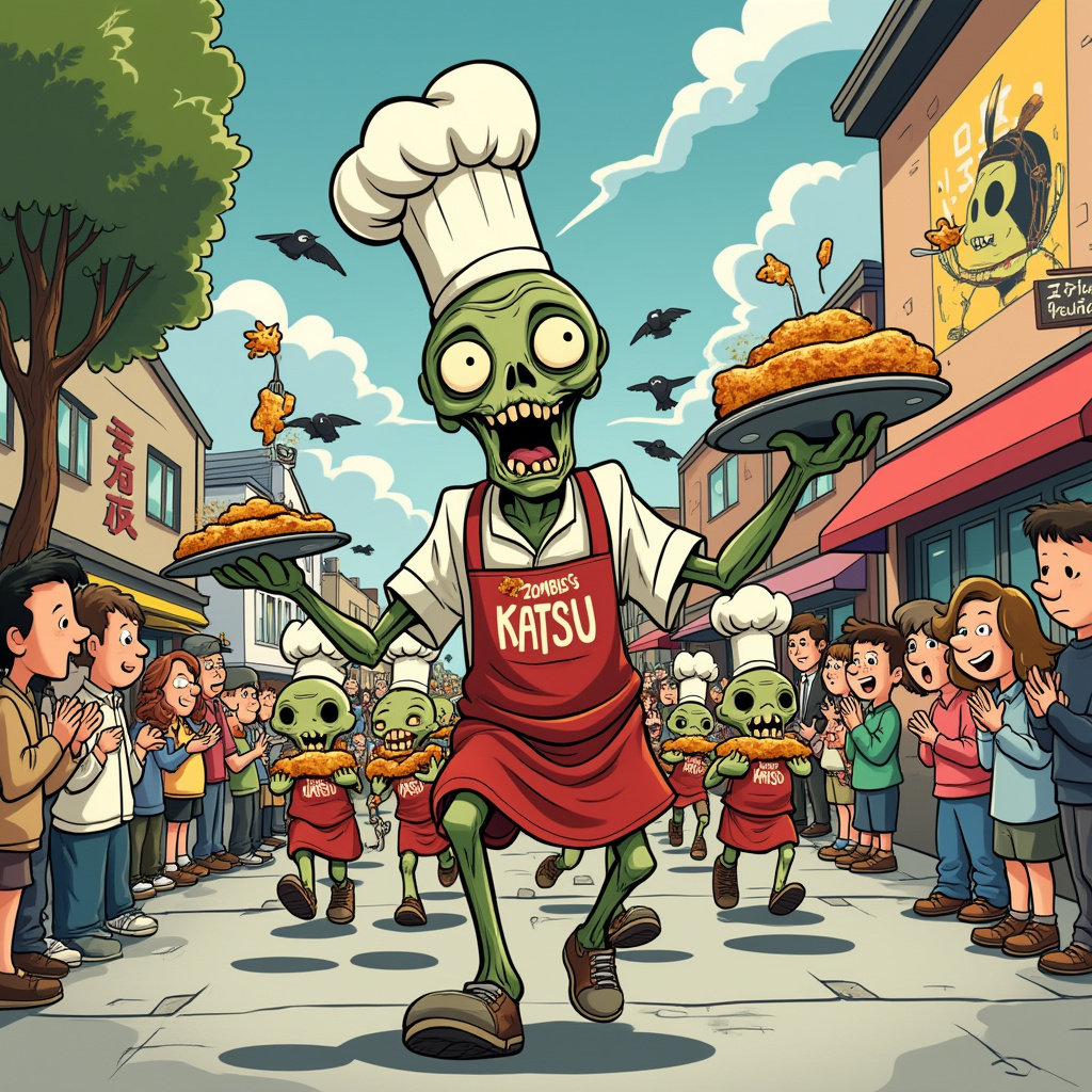 In the middle of a lively, illustrated cartoon street reminiscent of a Peanuts' neighborhood, a bizarre birthday parade unfolds. At the forefront, a cartoonish zombie chef, clearly inspired by a Tezuka character, shuffles with exaggerated, wobbly movements. His chef hat is askew, and his apron bears a bold, stylized "Katsu" insignia, reminiscent of Eisner's strong graphic elements. His eyes are wide and slightly skewed, in a style reminiscent of Gary Larson's quirky humor. In his outstretched arms, he carries a steaming platter of golden-brown katsu chicken, the aroma whimsically depicted as wavy lines floating upward, enticing and inviting even the cartoon crows above.

Behind him, a group of similarly goofy zombies, more like the Calvin and Hobbes sort of troublemakers, follow in a disorganized line, each holding a piece of katsu chicken on a fork, waving it like a flag. One zombie, with a Hergé-style expression of surprise, has his head turned backwards, trying to bite the katsu but missing entirely, adding a slapstick touch.

On the sidewalks, a crowd of cartoon humans and animals alike, drawn in a vibrant Disney-esque style, cheer and clap, clearly amused by the spectacle. A little boy, resembling a small Crumb character, is enthusiastically biting into a piece of katsu, his face blissfully smeared with sauce. 

In the background, a whimsical storefront with a sign that reads "Zombie's Katsu Emporium" features a playful, colorful mural of a happy chicken wearing a samurai helmet, styled in a nod to manga aesthetics. Balloons float up into the sky, tied to the hands of spectators, creating a festive, bustling birthday atmosphere, reminiscent of the playful whimsy found in Little Nemo's adventures.
Generated with these themes: Zombies, and Katsu chicken.
Made with ❤️ by AI.