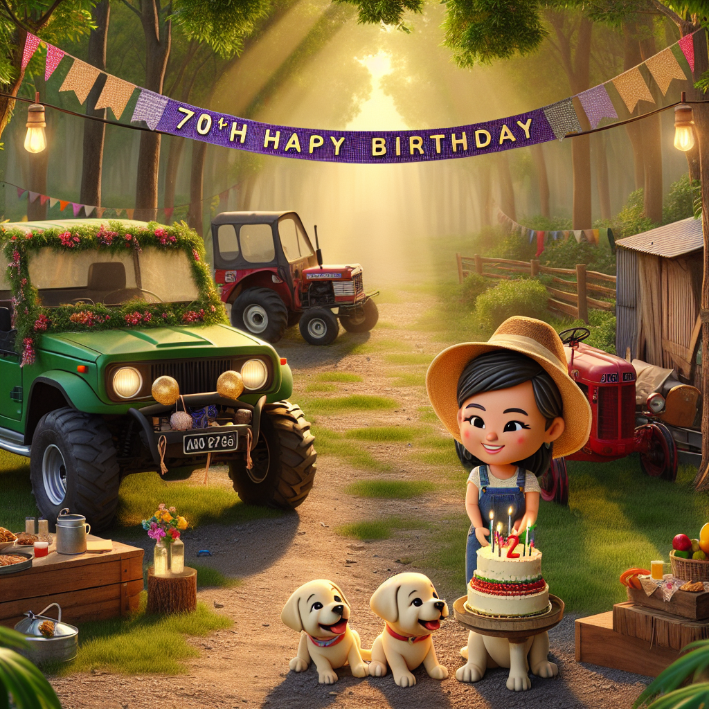 Create an illustration themed around a birthday celebration set in a rustic woodland. The scene is adorned with festive decorations. Parked below a banner proclaiming '70th Happy Birthday,' are a bright-green all-terrain vehicle and a vintage red farming machinery. Near the edge of the woods, two Labrador dogs, animated to display friendly expressions, frolic. In the foreground, the focus is on a cartoon figure of a South Asian farming woman. She's attired in a casual farm outfit completed with a sunhat, and she's holding a birthday cake. Behind her, the sunlight permeates through the tree canopy, casting a warm glow over this delightful, farm-inspired birthday event.
Generated with these themes: Tractor, Land Rover , Two Labrador dogs, 70th happy birthday, Woods, and Farming wife.
Made with ❤️ by AI.