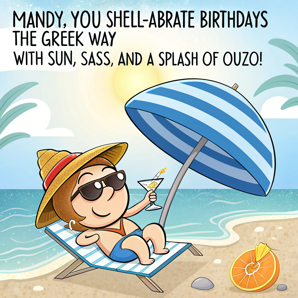 At the top of the image, "Mandy, you shell-abrate birthdays the Greek way – with sun, sass, and a splash of ouzo!"

- In the center of the illustration, depict a sun-drenched Greek beach scene with cartoon-style exaggeration.
- Mandy, a sassy cartoon character with oversized sunglasses and a wide-brimmed sunhat, is lounging dramatically on a bright blue-striped sunbed under a beach umbrella shaped like a giant cocktail umbrella.
- In one hand, she holds a ridiculously oversized cocktail glass filled with pink slush, olives, and a sparkler.
- Surrounding her, cheeky cartoon seashells wearing sunglasses and tiny flip-flops are dancing in the sand, holding tiny cocktails.
- A goat in beach shorts photobombs in the background with a sign reading “Greeked and chic!”
- The whole scene is bathed in a warm, glowy Greek island sunset with exaggerated oranges and purples.
Generated with these themes: Beach Greece shell sunbed cocktail .
Made with ❤️ by AI.