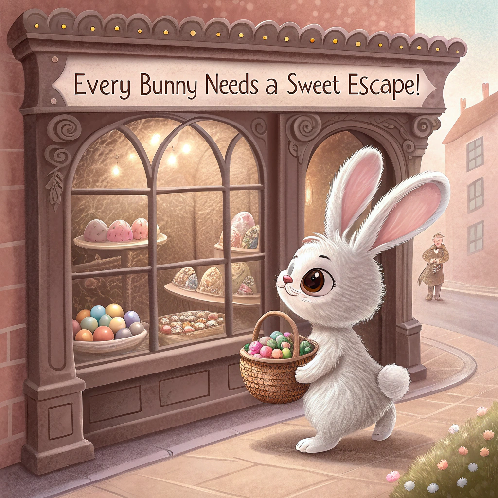 At the top of the realistic photograph image, "Every bunny needs a sweet escape!"

- Create a heartwarming, realistic photograph-style scene in soft pastel tones.
- The main focus is an adorable Easter bunny with big, sparkling eyes and fluffy fur, standing on its hind legs, gently peeking into the grand display window of a charming, old-fashioned chocolate shop.
- The bunny holds a small wicker basket filled with a few decorated eggs, gazing in awe at the window filled with elaborate Easter eggs, pastel-wrapped truffles, and chocolate bunny figurines on doily-covered cake stands.
- The shop has ornate vintage woodwork, a striped candy-coloured awning, and "Happy Easter" painted in gold script across the front window.
- Warm spring sunshine bathes the scene, casting a golden glow over blooming tulips and daffodils near the doorstep.
- A soft reflection of the bunny appears in the glass, enhancing the whimsical mood.
Generated with these themes: Cute Easter bunny with big cute eyes, Old fashioned style chocolate shop full of Easter eggs, Easter bunny carrying a basket and looking in the window of the chocolate shop, and Happy Easter written on the shop.
Made with ❤️ by AI.