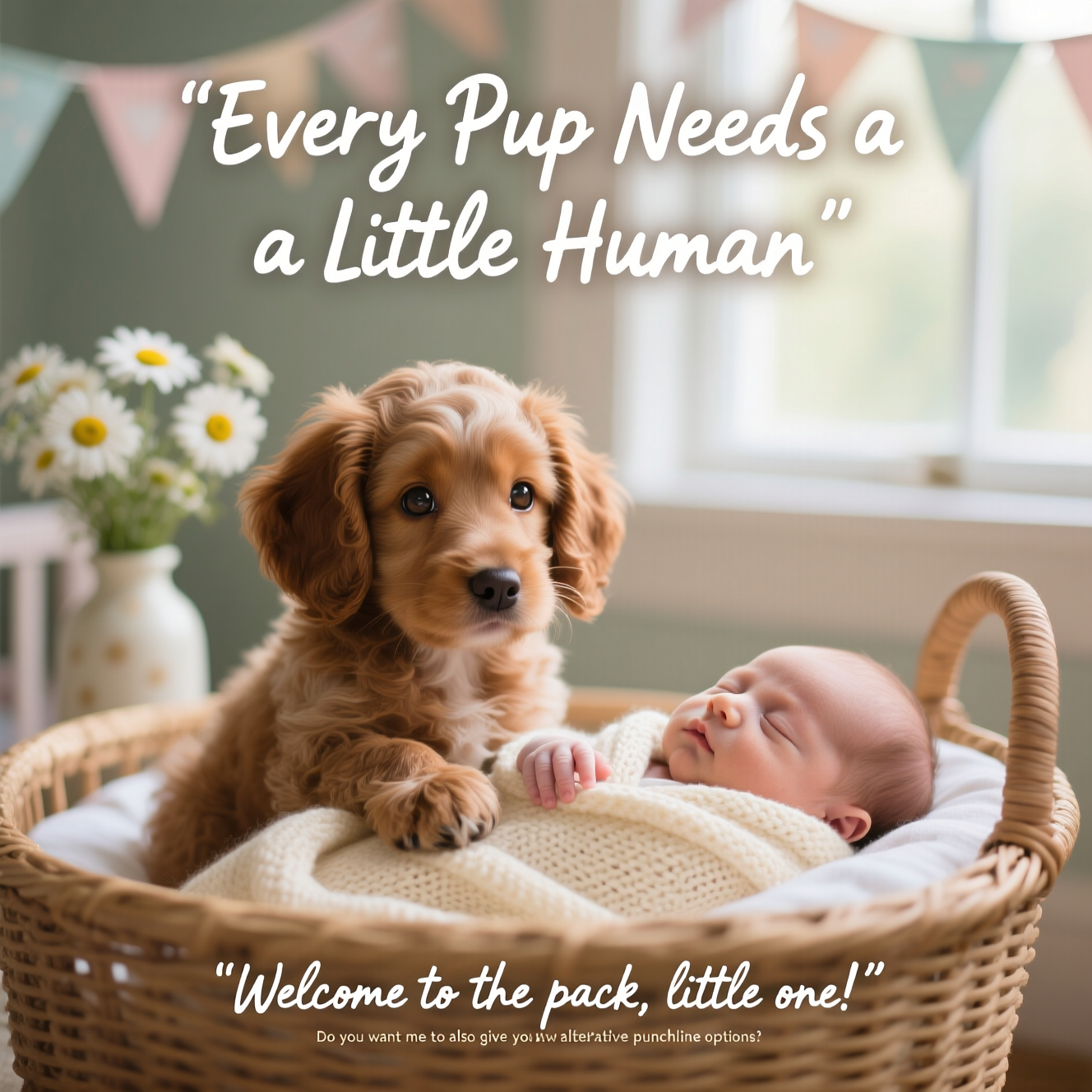Here’s the prompt for your photorealistic greetings card image:  

---

Ultra-high-definition 4K UHD, photorealistic scene taken with a shallow depth of field and soft natural daylight filtering through a nursery window. In the foreground, a fluffy brown cockapoo puppy sits proudly beside a sleeping newborn baby wrapped in a cream knit blanket inside a wicker bassinet. The cockapoo’s head is tilted with big, soulful eyes as if guarding its new best friend. The baby’s tiny hand is resting gently on the puppy’s fur. Warm, cozy tones with lifelike textures of fur, fabric, and skin. Bokeh background showing blurred pastel bunting and a vase of fresh daisies.  

At the top of the image, in a playful handwritten-style font:  
**"Every Pup Needs a Little Human"**  

At the bottom of the image, in smaller soft script:  
**"Welcome to the pack, little one!"**  

---  

Do you want me to also give you **three alternative punchline options** so you can pick the one that feels cutest for the card?
Generated with these themes: Brown cockapoo , and .
Made with ❤️ by AI.