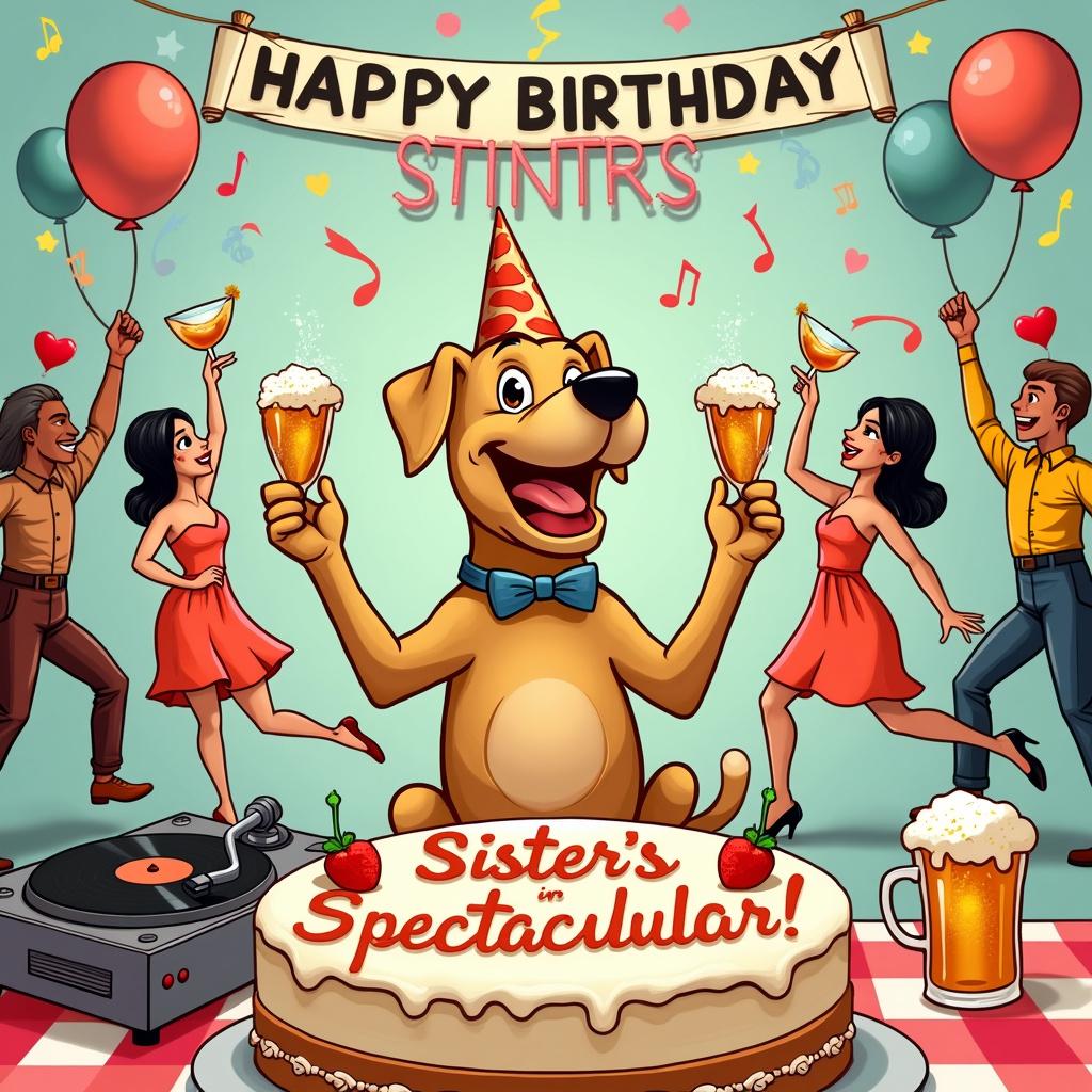 A bustling birthday scene unfolds on a vibrant cartoon invitation. At the center, a cheerful yellow lab pit-bull mix wears a party hat and a bow tie, holding a cocktail in one paw and a slice of birthday cake in the other. Around the canine, animated beer bottles and cocktail glasses cha-cha in a conga line, sporting arms and expressive faces. Balloons float overhead, while a banner above dangles with the words 'Happy Birthday Sister,' each letter playfully bouncing to the dance rhythm. A cartoon turntable plays tunes with vinyls spinning, notes wafting into the air. In the foreground, a large cake decorated with edible images of the yellow lab pit-bull mix, cocktails, and beer mugs awaits, with 'Sister's Spectacular Day!' iced across it in bold, fun font.
Generated with these themes: Yellow Lab Pit-Bull Mix, Cocktails, Beer, and Dancing.
Made with ❤️ by AI.