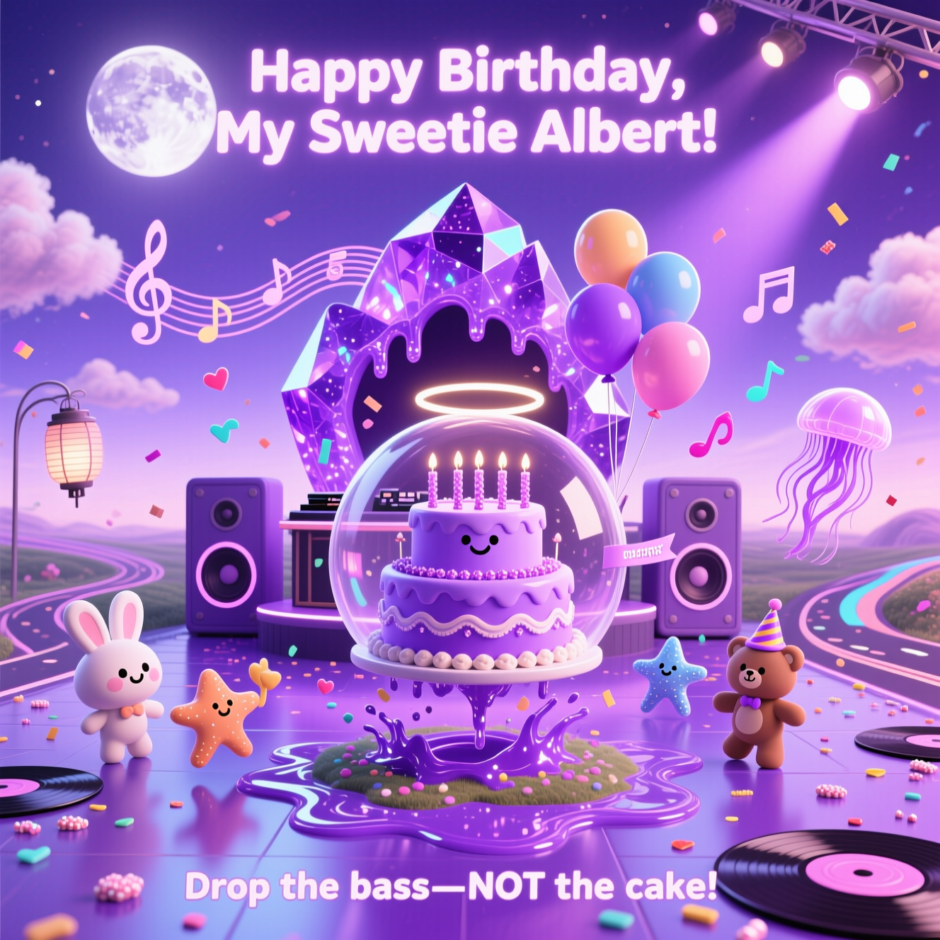 At the top of the Surreal Style image, "Happy Birthday, My Sweetie Albert!"

Portrait composition, cute mood, dreamlike surrealism with melting shapes and ethereal lighting. A purple-drenched otherworldly rave unfolds on a glossy lavender dancefloor that ripples like jelly. The sky is a velvety violet gradient with cotton-candy clouds twisting into musical notes; a disco-ball moon throws lilac beams through pearly mist. Center stage: a whimsical DJ booth shaped like an amethyst geode, crystal facets glowing. Giant cartoon speakers gently droop like soft taffy, releasing visible bass waves as shimmering concentric rings that lift the dancers with buoyant delight. Adorable chibi party creatures (marshmallowy bunnies, gummy bears, tiny star-fish with party hats) twirl and shuffle, leaving glittery heart-shaped motion trails. A friendly, gummy bass-clef comet “drops” in slow motion toward a puddle-shaped subwoofer island, splashing sparkling purple sound.

The birthday cake is the VIP: a smiling, multi-tier lavender cake with sparkling candles and tiny headphones, safely floating inside a translucent bubble balloon so it can’t be dropped. A halo of mini balloons shaped like eighth notes keeps the cake aloft; a ribbon reads “handle with groove.” Confetti falls as iridescent musical notes and sugar sprinkles. The horizon bends playfully; vinyl records melt into ribbon roads; jellyfish lanterns hover overhead with tiny spotlights. Warm, soft bloom, volumetric lilac light shafts, iridescent highlights in magenta, orchid, and electric violet; crisp details, dreamy depth of field, no logos.

Header text styling: at the top, the line “Happy Birthday, My Sweetie Albert!” appears in puffy, glowing candy-script, subtly integrated into the sky like a ribbon of light. Add one small, cheeky caption near the bottom in neon-violet hand lettering: “Drop the bass—NOT the cake!”
Generated with these themes: Raving, Dance, Drop the bass, Not the cake!, Purple, and .
Made with ❤️ by AI.