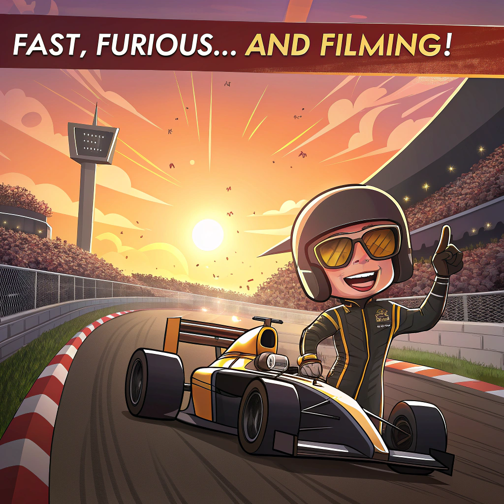 At the top of the image, "Fast, Furious... and Filming!"

- In the center of the image, a hilarious cartoon scene unfolds as a sleek black-and-gold APXGP Formula 1 car screeches across the finish line at sunset. The sun sets dramatically in the background, painting the sky in vivid orange and pink hues. Brad Pitt is at the wheel, wearing oversized sunglasses and a huge grin, his helmet tucked under one arm like he's just finished both a race and a Hollywood premiere.

- A wild, cheering crowd lines the track, some wearing film crew headsets, others in over-the-top fan gear. They wave glittery signs reading “LOCS LEGENDS,” “LOCATION HEROES,” and a massive “THANK YOU!” that’s so big, it's held up by a forklift.

- Confetti flies through the air, and one bystander spills popcorn in excitement while another takes a selfie with a clapperboard labeled "FASTEST THANKS EVER!"

- In the background, a banner stretched across the sky by a little cartoon plane reads, “Directed by Speed. Produced by Gratitude.”
Generated with these themes: the black and gold F1 car from the APXGP team wins a F1 Grand Prix at sunset in front of a cheering crowd.  Brad Pitt is driving the car.  The crowd hold up signs which say LOCS LEGENDS and LOCATION HEROES and THANK YOU..
Made with ❤️ by AI.