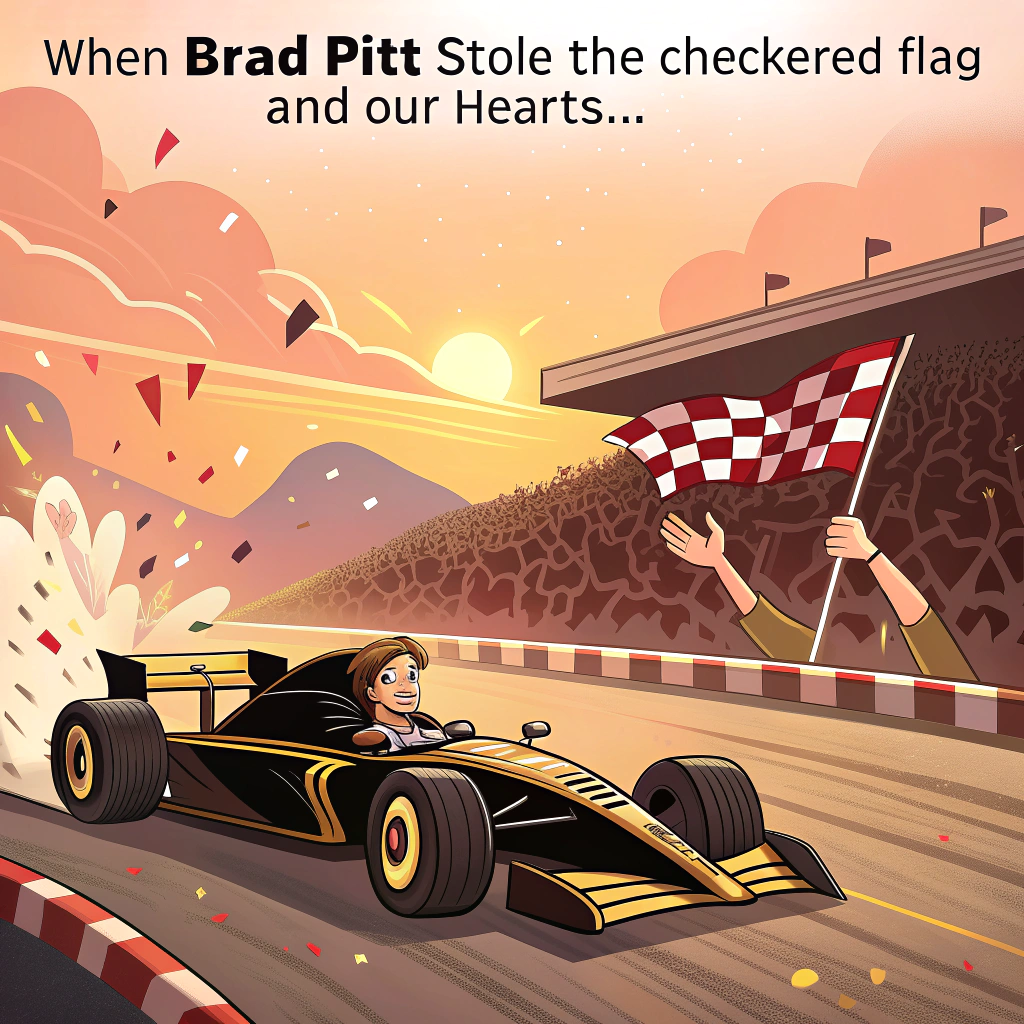 The black and gold F1 car from the APXGP team wins a F1 Grand Prix at sunset in front of a cheering crowd.  Brad Pitt is driving the car.  The crowd hold up signs which say LOCS LEGENDS and LOCATION HEROES and THANK YOU. Thank-you Card