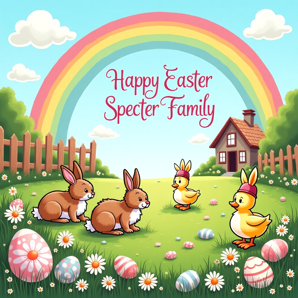 In the whimsical world of our Easter-themed greeting card, we find ourselves in a vibrant garden brimming with the spirit of spring. The foreground features an endearing scene with rabbits and ducks joyfully celebrating Easter. A trio of fluffy bunnies, reminiscent of Charles Schulz’s charming style, are playfully tumbling amidst a cascade of colorful Easter eggs that are scattered on the soft, verdant grass. The eggs are delightfully painted with intricate patterns and pastel hues inspired by Hergé’s detailed precision, with some featuring polka dots and others adorned with stripes and floral motifs.

Nearby, a pair of ducks, capturing the spirit of Disney’s animated charm, waddle through a patch of cheerful daisy flowers, their petals stretching wide in a nod to the warming sun. The ducks are comically trying to balance Easter bonnets on their heads, crafted from oversized daisy petals and leaves, adding a touch of humor reminiscent of Gary Larson’s quirky style.

In the background, a quaint wooden fence, styled in the nostalgic fashion of Winsor McCay’s dreamlike worlds, frames the garden. Above, the sky is a soft blue canvas, where puffy clouds shaped like bunnies drift lazily. The centerpiece of this scene is a vibrant rainbow arching across the sky. In bold, playful lettering that swirls through the rainbow’s colors, the message "Happy Easter Specter Family" is creatively inscribed, giving the greeting card a personalized touch.

In the distant background, a silhouette of a picturesque cottage, inspired by the charming and simple lines of Will Eisner’s work, peeks through the trees, completing this delightful Easter tableau. The scene, filled with enchanting details, tells a story of joy and togetherness, making it a perfect Easter greeting for the Specter family.
Generated with these themes: Easter eggs , Rabbits, Garden , Ducks, and Daisy's .
Made with ❤️ by AI.
