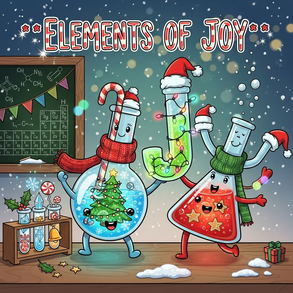 At the top of the Cartoon Style image, "Elements of Joy" in big candy-cane striped hand-lettering with a soft snowy glow and twinkling sparkles

Cute Christmas cartoon scene in a cozy lab. Center stage: an oversized beaker, round-bottom flask, and Erlenmeyer flask with playful faces, tiny scarves, and Santa hats, drawn with thick black outlines, bright saturated reds/greens/icy blues/golds, and glossy highlights. The glassware lean toward each other in energetic, whimsical poses.

Inside the vessels:
- Round-bottom flask (the “O” of JOY): a glowing miniature Christmas tree wrapped in fairy lights, shimmering snowflakes swirling in a cool blue solution, gentle light bloom.
- Tall beaker with a candy-cane stirrer bent into a “J”: neon-green fizz with a bubbling strand of colorful Christmas lights running through it, each bulb softly glowing.
- Erlenmeyer flask suggesting a “Y” with two cheerful glass tubes branching like arms: warm red liquid with drifting holly leaves and star-shaped gingerbread “molecules,” little bubbles rising.

To the side, a cute test tube rack holds tiny vignettes: one tube with a crystalline snowflake, one with a peppermint swirl, one with a golden bell, one with a tiny wrapped present—each glowing in festive gradients. Sprinkle of star-shaped glitter confetti on the wooden bench dusted with “powdered snow.”

Background: soft teal-to-navy gradient, gentle falling snow, bokeh twinkle lights, and a chalkboard with doodled molecule-snowflakes and a garland that looks like a periodic table bunting. Warm ambient glow from the fairy lights; subtle rim light to make the outlines pop.

Style: Playful cartoon, exaggerated proportions, thick outlines, cel-shading, saturated colors, glossy highlights, cute mood, whimsical energy. Portrait, full-bleed composition, clean negative space around the top title.

At the bottom in small playful lettering: “Stirring up holiday cheer!” Only these two text lines; no other text.
Generated with these themes: A combonation of Test tubes, beakers, and flasks with christmas symbols inside.  Like snow flakes, a christmas tree, or christmas lights., and .
Made with ❤️ by AI.