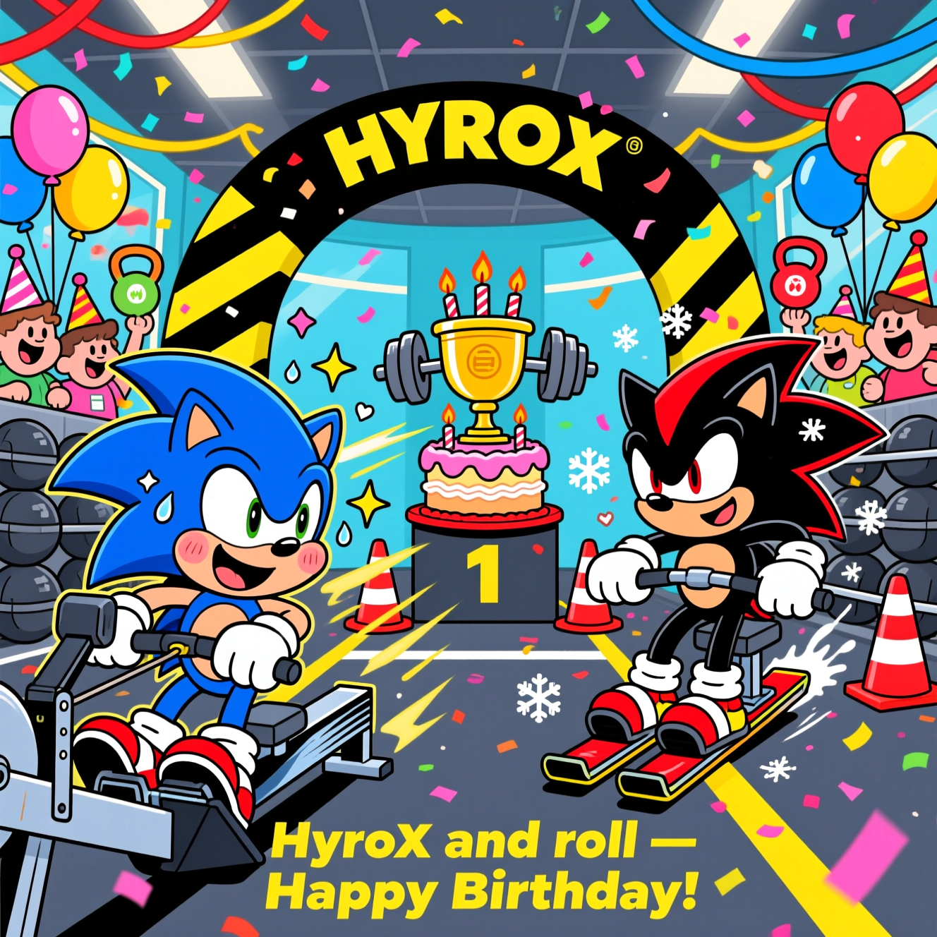 Blue hedgehog sonic, Black hedgehog shadow, Rowing machine, Ski erg machine, Gym, Hyrox competition, and Birthday Card