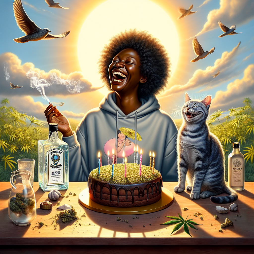 A sun-soaked landscape showcases an unusual birthday celebration. The central figure of the celebration is a joyous black woman with medium brown skin and shoulder-length curly hair, wearing a comfortable hoodie; she's the embodiment of elation. Her laughter seems to reverberate beautifully, influencing even a playful striped tabby kitten. The party's centerpiece is a stately chocolate birthday cake contrastingly sprinkled with hints of pistachio, embodying the diverse preferences of the attendees. A soft exhilaration floods the air as wisps of marijuana smoke waft around, accepted as an atmosphere enhancer that delicately guides the party into a euphoric state. Bottles of gin stand on the side, their silent presence promising to contribute to the festivities while the surrounding sunshine warmly envelops everyone in a dual representation of surreal and realistic enjoyment.
Generated with these themes: Black lady with medium brown skin tone shoulder length curly hair wearing a hoodie, Laughing and smiling, Tabby cat striped kitten, Birthday cake celebration , Smoking marijuana weed, High, Chocolate, Pistachio, Bottles of gin, and Sunshine.
Made with ❤️ by AI.