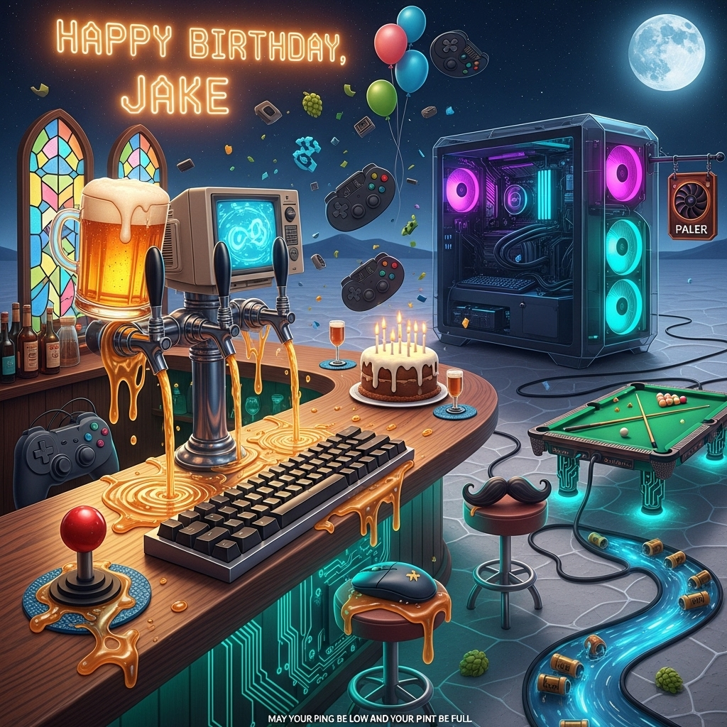At the top of the Surreal Style image, “Happy Birthday, Jake” in glowing ale-foam neon shaped like pixelated letters, gently floating like bubbles

Dreamlike, Dali-inspired surrealism: a whimsical pub fused with a colossal transparent PC tower on a moonlit salt flat. The bar counter is a glossy mechanical keyboard—chunky keycaps as coaster tiles, an elongated spacebar forming the bartop. Pint glasses are retro CRT monitors brimming with luminous amber ale, liquid screens swirling softly. Chrome beer taps are arcade joysticks, pouring glittering streams of binary lager that meander into puddles shaped like game icons. Melting game controllers drape over the taps like soft clocks; a computer mouse oozes into a foamy coaster, its cable looping into an infinity symbol. RGB fans as stained-glass windows cast ethereal cyan and magenta beams through drifting hop-fog. Barstools are giant analog sticks wearing proud foam mustaches. A circuit-board pool table glows emerald, with capacitor legs and cue sticks made of lit USB cables. A birthday “cake” shaped like a GPU heatsink sits on the bar, tiny USB-candles flickering. Pixel-sprite confetti and floating keycaps drift in the air; glossy trackball balloons bob against a sky of velvet midnight blue. A river of beer runs along motherboard traces, reflecting the neon greeting above. Softly melting edges, playful scale shifts, long painterly shadows, and sparkling dust motes. Color palette: warm ale golds, neon cyan, royal violet, soft peach highlights, deep midnight blues. Cinematic wide composition, ethereal lighting, otherworldly calm with cheeky humor.

At the bottom of the image, a small cheeky caption on a hanging pub sign shaped like a graphics card: “May your ping be low and your pint be full.”
Generated with these themes: Pc gaming , Pub, and .
Made with ❤️ by AI.