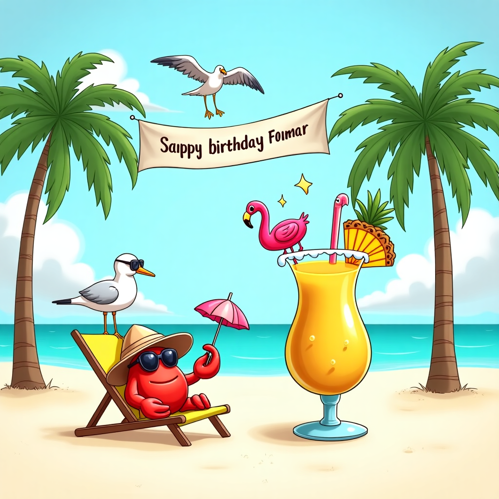 **Image Prompt:**  
Illustration of a hilarious beach scene on a bright, white sand tropical island. A sunhat-wearing crab lounges in a miniature beach chair holding a teeny umbrella drink, while next to it is a massive, absurdly oversized tropical cocktail—complete with pineapple slices, mini flamingo floatie, and about 10 tiny umbrellas sticking out at random angles. The drink is so big it requires its own beach chair. In the background, a confused seagull wearing sunglasses is trying to sip from the straw. A birthday banner flaps in the ocean breeze between two leaning palm trees.

**At the top of the illustration image:**  
*Sippin’ it large on your birthday, Felimar!*  

**Mood:** Bright, cheeky, tropical fun. The whole image feels sun-soaked and joyfully ridiculous.
Generated with these themes: White sand beach with a large cocktail.
Made with ❤️ by AI.