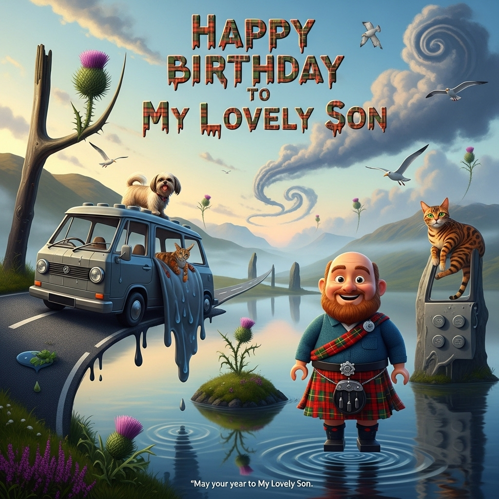 At the top of the Surreal Style image, "Happy Birthday to My Lovely Son" in playful, melting LEGO-tartan letters, softly glowing in Highland mist.

Tall portrait composition. Dreamlike Scottish Highlands: a shimmering loch reflecting a sky where clouds swirl into tartan patterns and thistles bend like soft clocks. Ethereal dawn light, long painterly shadows, Dali-inspired melting forms.

Center foreground: a cheerful chubby man with a bald head and a ginger beard, front and center, slightly floating, wearing a tartan kilt subtly built from interlocking LEGO bricks; friendly, humorous expression.

Left midground: a grey van constructed from oversized LEGO bricks, hilariously drooping and melting like wax over a levitating road that loops into the sky; dripping studs puddle into tiny thistle-islands.

On and around the van: exactly one straggly beige Shih Tzu, windswept and proud, in a tiny tartan neckerchief, perched on the roof; exactly one Bengal cat lounging along a melting door panel, green eyes glinting, smug and unbothered. Playful, comedic vibe.

Background details: distant standing stones bending elastically, a loch whose ripples transform into LEGO studs, gulls shaped like paper cutouts, hints of heather and mossy greens. Color palette: misty blues and greens with warm ginger highlights; soft volumetric light and subtle glow.

Small, cheeky single-line caption at the bottom: "May your year click together like LEGO—even if the van melts."

Highly detailed, painterly, whimsical surrealism; 3/4 wide-angle view; crisp focus on characters; no extra people or animals.
Generated with these themes: Chubby man with a bald head and ginger beard, 1 straggly beige shitziu, 1 bengal cat, Grey van, Scotland, lego, and .
Made with ❤️ by AI.