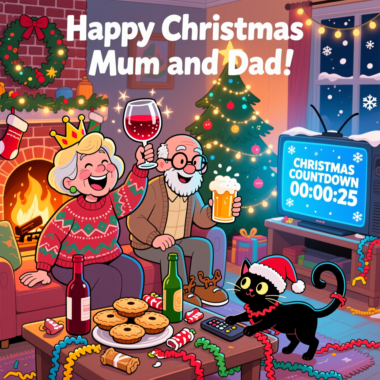 78 year old woman, blonde hair drinking red wine by a log fire with husband with white hair, bald on top, with glasses and beard. With their small black cat , Red wine, beer and countdown on telly, and Christmas Card
