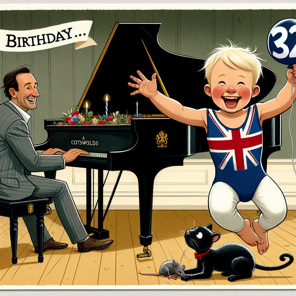 Two year olf son with light curly hair, 32nd birthday, Team GB gymnastics, Black cat with a dead Mouse in its moutb, Cotswolds summer fete , and Black Grand Piano Birthday Card