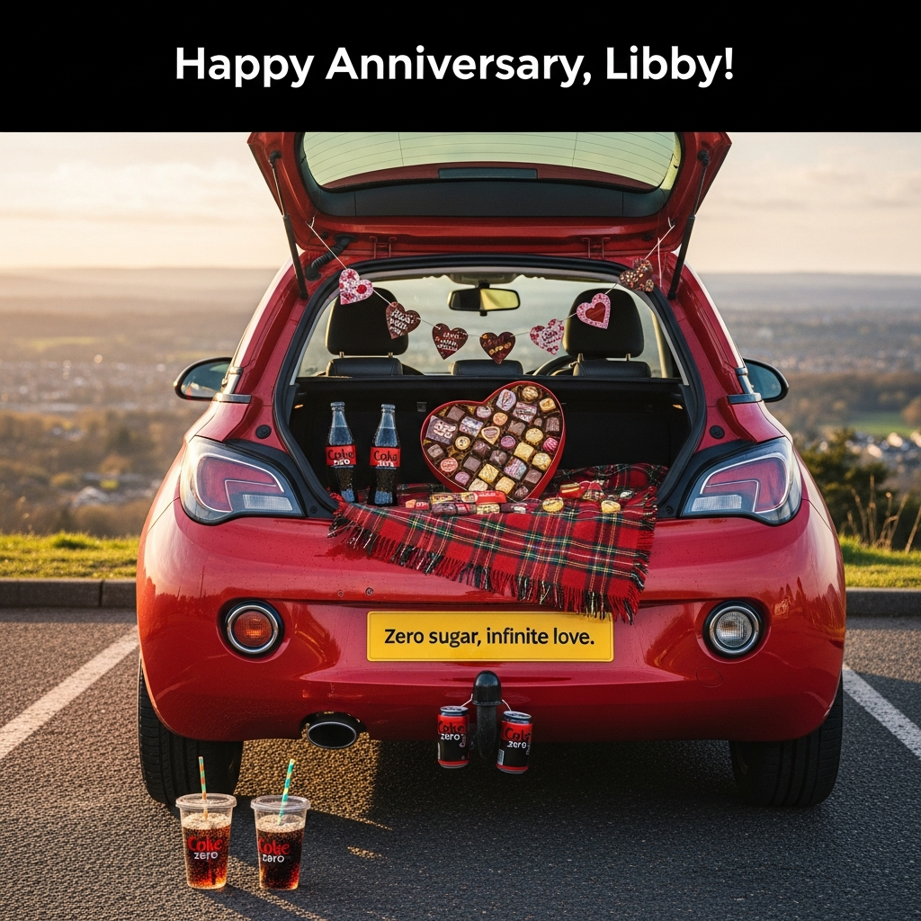 Coke zero, Chocolate, Vauxhall Adam, and Anniversary Card