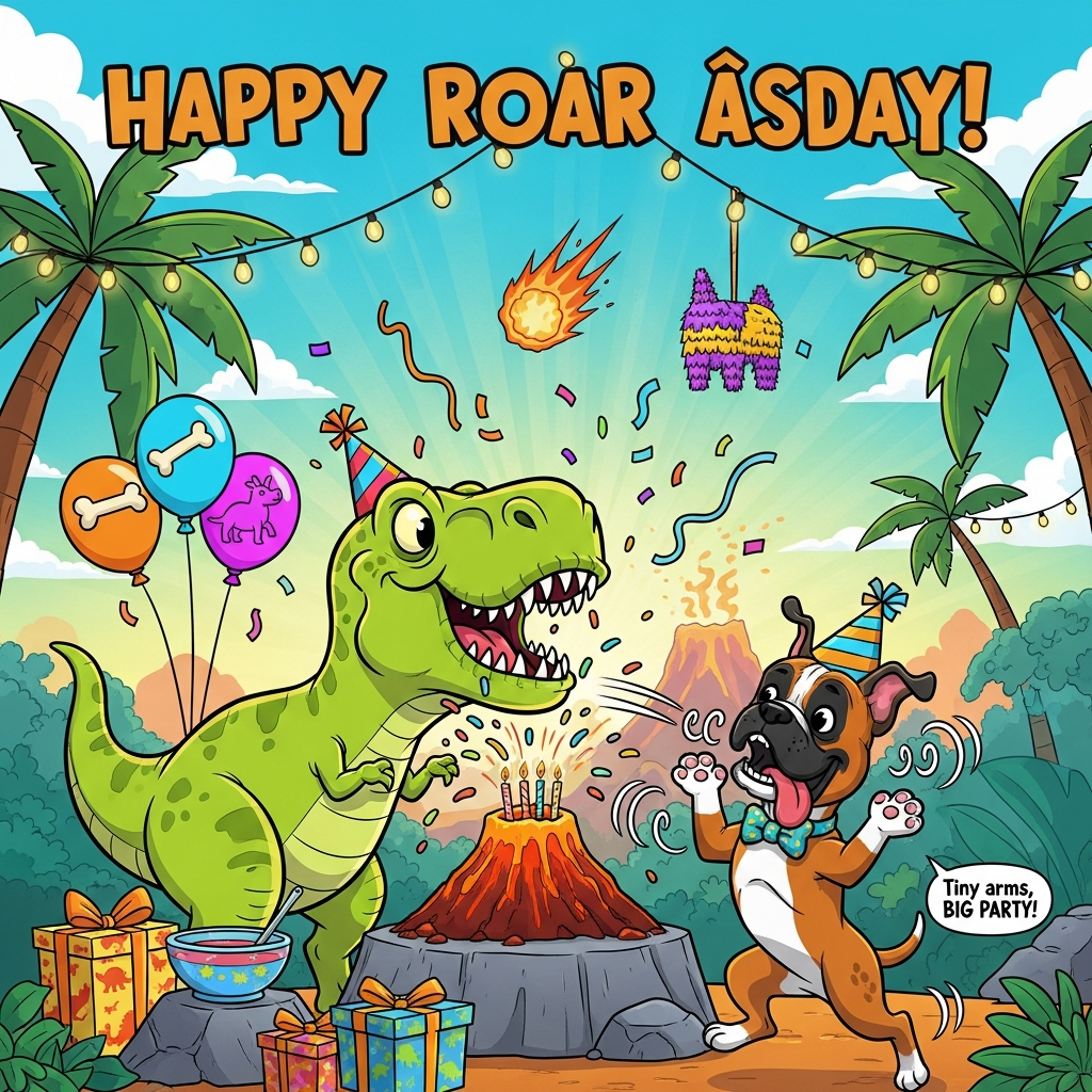 Dog (breed: boxer) and trex birthday, and Birthday Card