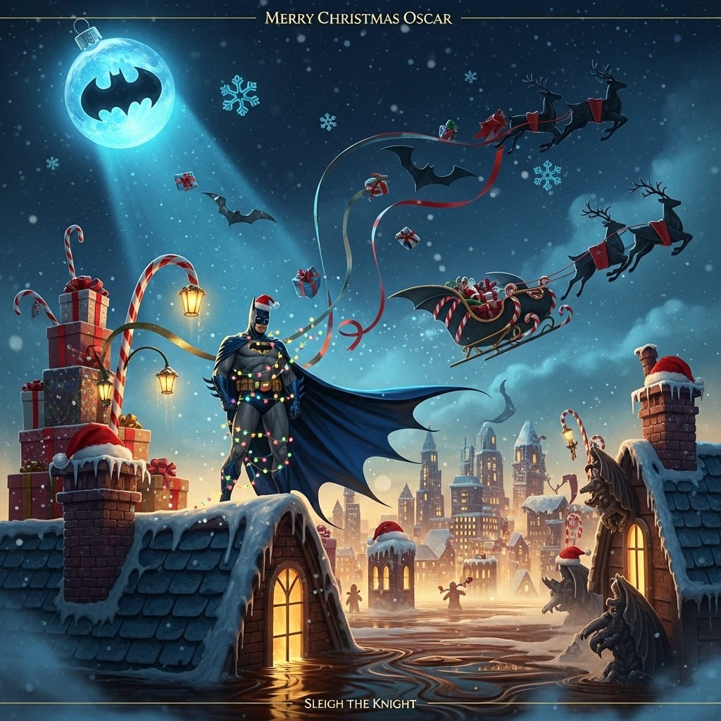At the top of the Surreal Style image, Merry Christmas Oscar

Dali-inspired, dreamlike surrealism in a funny, otherworldly Gotham night. Batman stands on a rooftop that’s drooping like warm wax, the bricks slowly melting into a glossy chocolate river. He tries to look stoic while hilariously tangled in blinking fairy lights, a tiny Santa hat perched on his cowl. His cape stretches into the sky, morphing into ribbon curls and gift wrap that flutter like bat wings. The skyline is built from stacked gift boxes and gingerbread towers, candy-cane lampposts bending in impossible arcs; gargoyles are iced cookies wearing Santa hats, nibbling their own corners. Above, a moon-sized glass ornament with a bat-signal cutout beams cobalt light, snowflakes drift as soft, melting batarangs, and chimneys float sideways like red-striped periscopes. A sleek jet-black “bat-sleigh” with batwing fins and candy-cane stripes hovers nearby, pulled by shadow reindeer made of paper cutouts that fold and refold midair. Color palette: midnight blues, frosty cyan, candy-cane red, warm gold glows; ethereal volumetric fog, glittering bokeh snow, long elastic shadows. Cinematic wide shot with a playful Dutch angle; crisp subject, painterly textures, high detail, whimsical humor. No extra text except the specified lines.

At the bottom, small cheeky line: Sleigh the Knight.
Generated with these themes: Batman, and .
Made with ❤️ by AI.