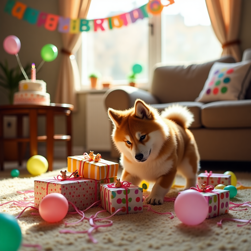 The scene captures a sun-drenched, cozy living room where an adorable Akita is the center of attention. This fluffy, spirited Akita, with its rich, warm coat of tawny and white, is playfully wrestling with a pile of colorful birthday ribbons strewn across a plush, beige carpet. The ribbons unfurl from a stack of brightly wrapped gifts nestled beside the canine, each box wrapped in vivid paper—one with polka dots, another with stripes, and a third with cheerful balloons printed on it. In the background, an elegant wooden coffee table displays an array of birthday decorations, including a small cake adorned with a single, sparkling candle and tiny figurines of miniature Akitas made of fondant. Overhead, a vibrant banner stretches across the room, spelling out "Happy Birthday" in cheerful, rainbow-colored letters. A single sunbeam filters through a nearby window, illuminating the scene with a golden glow, highlighting the Akita's curious eyes and the sparkle of the wrapping paper. Balloons in a spectrum of colors float lazily in the air, some tied to the chair legs and others drifting freely, their strings just brushing the floor. The overall scene is lively and heartwarming, capturing the whimsical chaos of a birthday celebration where the Akita and the vibrant gifts create a charming narrative of joy and playfulness.
Generated with these themes: Akita , birthday , gifts .
Made with ❤️ by AI.