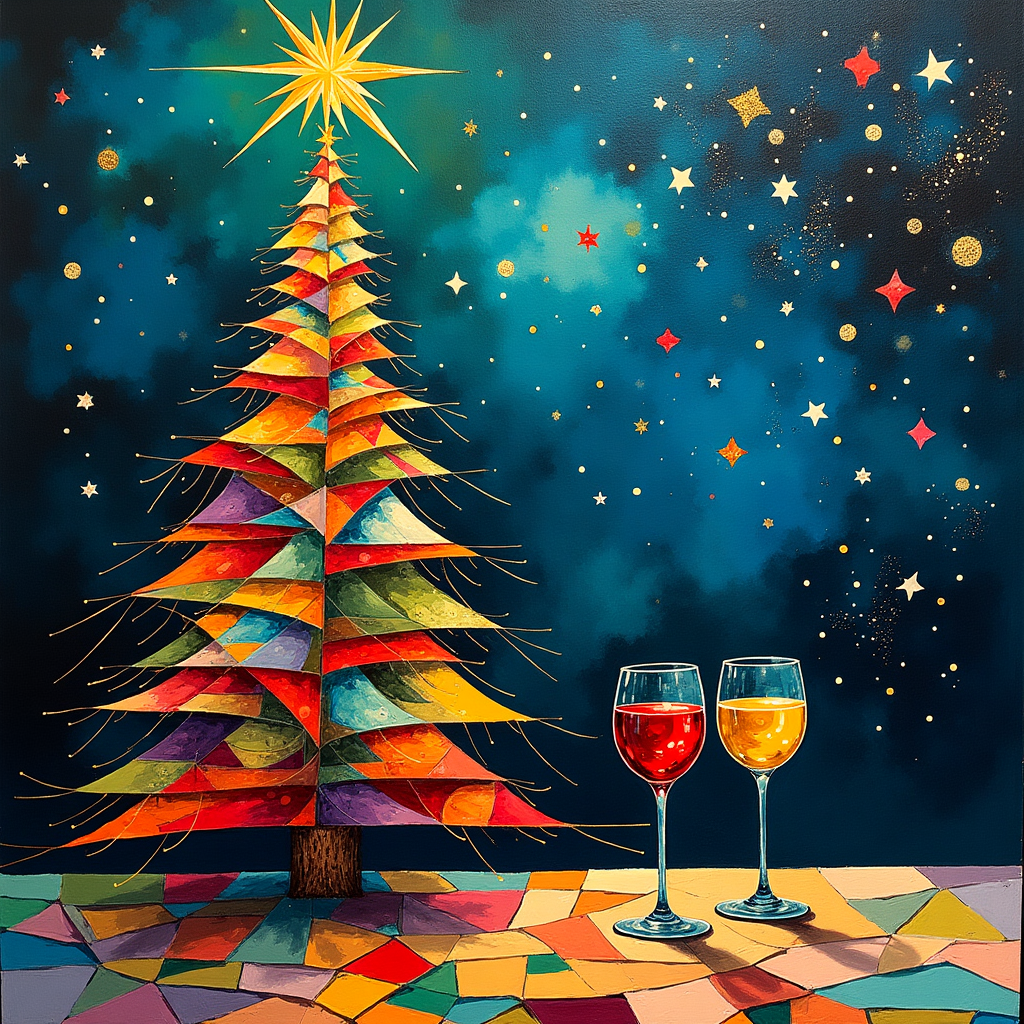 Christmas tree with accesories and 2 wine glases Christmas Card