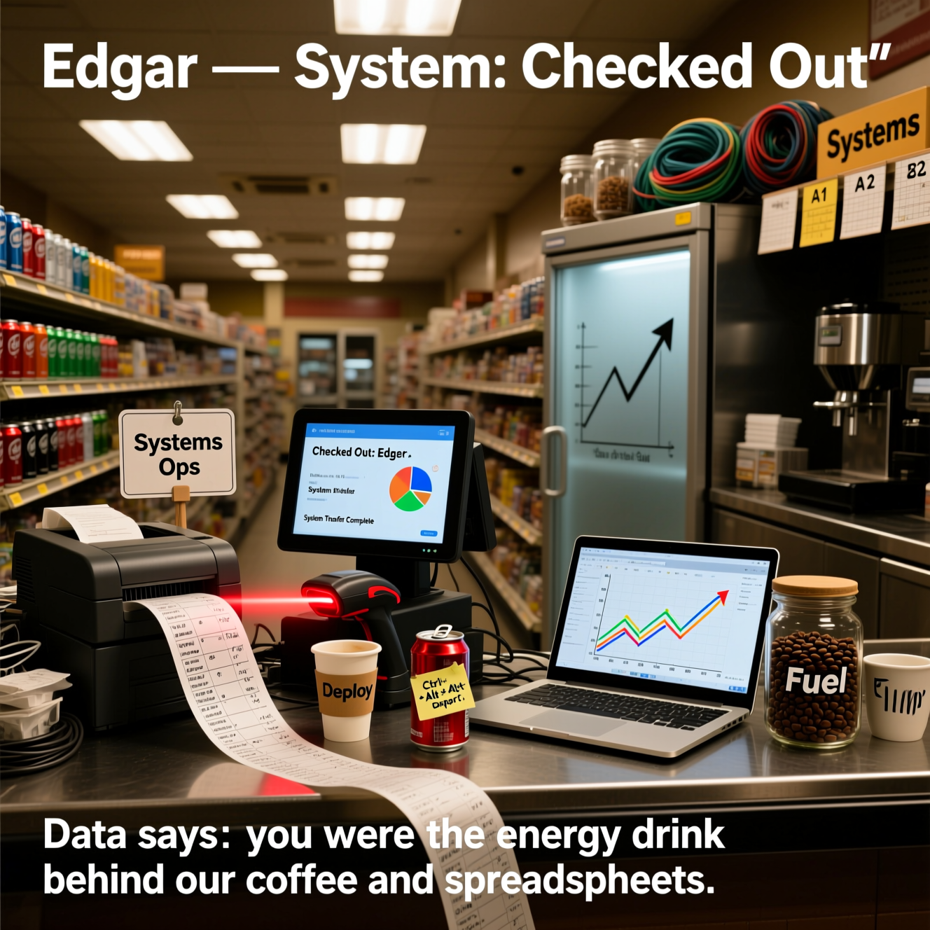 At the top of the Photorealistic picture taken from a camera image, "Edgar — System: Checked Out"

At the bottom of the Photorealistic picture taken from a camera image, "Data says: you were the energy drink behind our coffee and spreadsheets."

Ultra-high-definition 4K UHD, photorealistic, documentary-style shot inside a late-night convenience store. Eye-level perspective across the checkout counter. Crisp, lifelike textures; accurate fluorescent lighting with a warm coffee-glow accent; shallow depth of field for rich bokeh down the aisles.

Scene:
- Foreground: A cluttered checkout counter. A thermal receipt printer spills an absurdly long tape printed with spreadsheet grids, formulas, and tiny charts, curling across the counter like a data stream. A barcode scanner’s red beam passes over a paper cup labeled “Deploy,” and next to it an open energy drink can with a sticky note that reads “Ctrl+Alt+Depart.” A small desk sign reads “Systems Ops” but styled like a price tag.
- Midground: A POS screen displays a clean interface that reads “Checked Out: Edgar” and “System Transfer Complete,” with a tiny pie chart icon. Nearby, a laptop with a spreadsheet dashboard shows colorful line graphs trending upward. A neatly stacked pile of coffee beans sits in a jar marked “Fuel.”
- Background: Aisles lined with generic energy drink cans on one side and a gleaming coffee station on the other. Shelf tags mimic spreadsheet cells (A1, B2, C3), and a freezer door has a fogged-over glass graph arrow sketched with a finger. A small sign overhead says “Systems” above neatly bundled cables in clear jars, like snacks for IT pros.
- Humor details: A loyalty card on the counter titled “Data Points” with a punch-stamped grid; a tiny POST-IT on the POS frame that says “Esc to Exit”; a box labeled “Migrating… please wait” filled with cables and a farewell mug.

Text styling:
- Top headline and bottom punchline in bold, clean white sans-serif with a subtle drop shadow for readability against the store scene.

Camera and lighting:
- Shot on a 35mm lens, f/2.8, ISO 400, 1/60s; cool overhead fluorescents balanced by warm coffee station underlights; soft reflections on polished counter; sharp focus on the counter objects, gradual blur into the aisles. No visible brand logos.
Generated with these themes: Systems, convenience store, data, spreadsheets, energy drink, coffee, and .
Made with ❤️ by AI.