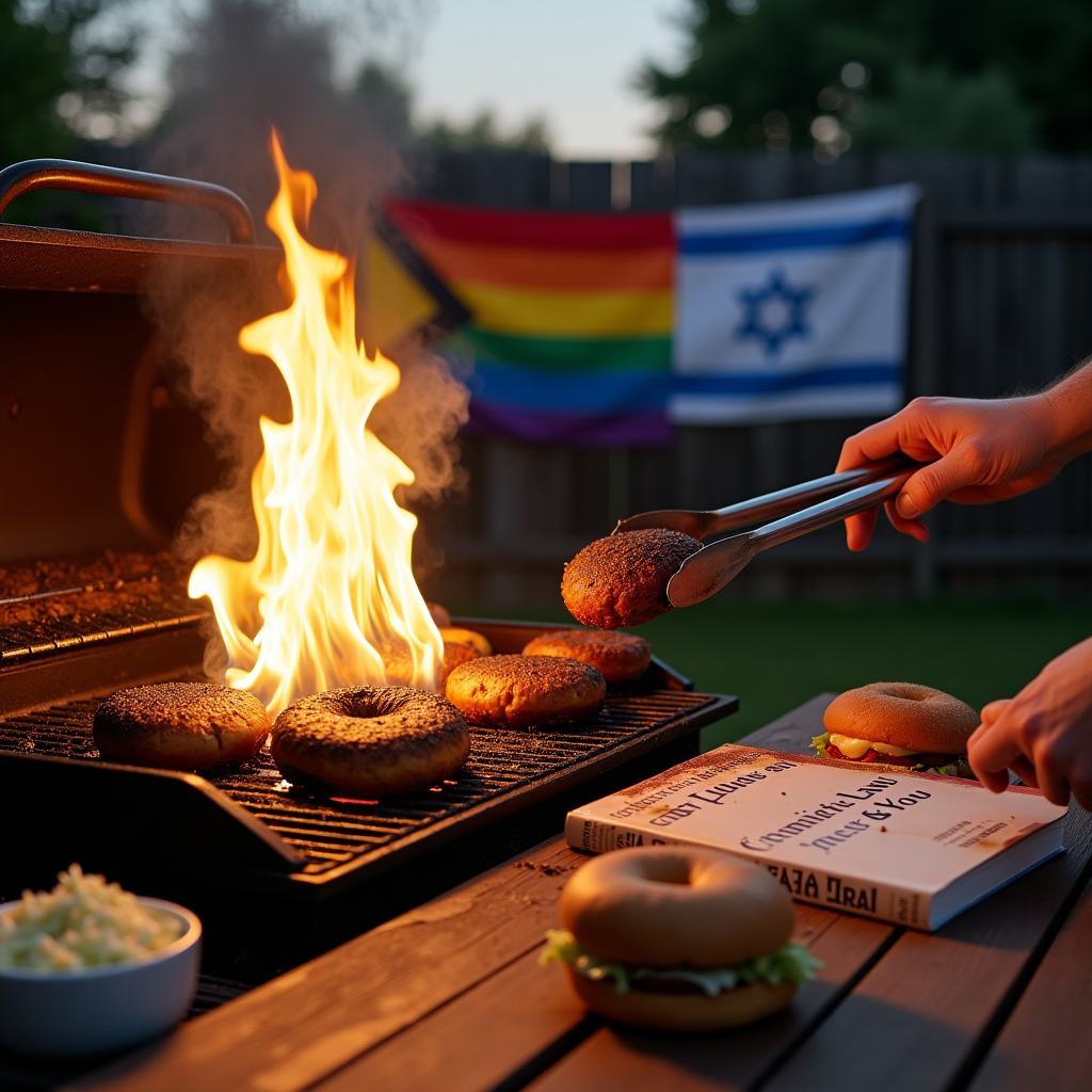 At the top of the realistic photograph image, "Jamie Rudin, Sorry Justice Was Served... Burnt and Overseasoned with Pride"

**Prompt for image:**

A realistic, high-resolution photograph of a chaotic backyard barbecue scene at twilight. The grill is open, and flames are erupting from blackened, obviously burnt food—hotdogs split open, burgers scorched to hockey pucks. A rainbow Gay Pride flag and an Israeli flag hang side-by-side on a fence in the background, slightly singed on the edges. A legal textbook ("Criminal Law & You") sits awkwardly on a picnic table, stained with ketchup and singe marks as if someone tried to use it as a plate. In the corner, someone (cropped comically at the neck) holds tongs with a confused expression and a flaming sausage mid-air. Lighthearted chaos is everywhere: spilled coleslaw, dropped buns, smoke spiraling dramatically into the sky.

Overall vibe: hilariously tragic backyard justice—with LGBTQ+ flair, culinary catastrophe, and subtle socio-political undertones.
Generated with these themes: Gay Flag, Israel, The Law, and Burnt Food.
Made with ❤️ by AI.