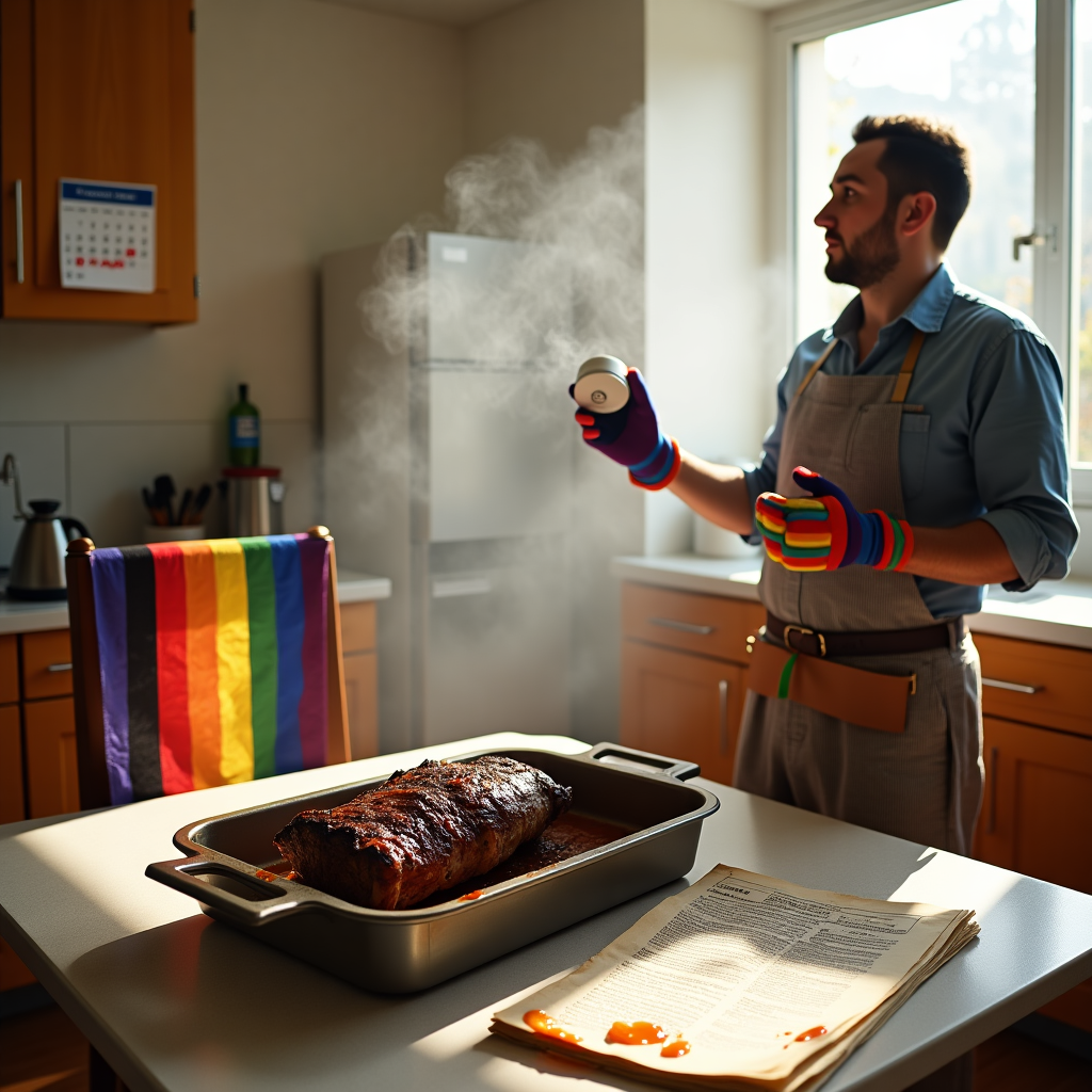 **Prompt for Realistic Photograph:**

At the top of the realistic photograph image: *"Jamie Rudin, when burnt brisket meets legal briefs under a rainbow flag..."*

A realistic photograph set in a sunny Tel Aviv kitchen, with a pride flag gently draped across the back of a dining chair. The focal point is a tragically burnt piece of brisket sitting in a legal-sized roasting pan, smoldering with defeat. A crumpled copy of the Israeli penal code lies beside it, stained with sauce. A man in rainbow oven mitts stands looking bewildered, holding up a smoke detector that's clearly had enough. On the wall behind him hangs a calendar marked “Family Court: Tuesday,” circled in red. Despite the chaos, there's warmth in the lighting — like even the smoke is giving Jamie Rudin a hug.
Generated with these themes: Gay Flag, Israel, The Law, and Burnt Food.
Made with ❤️ by AI.