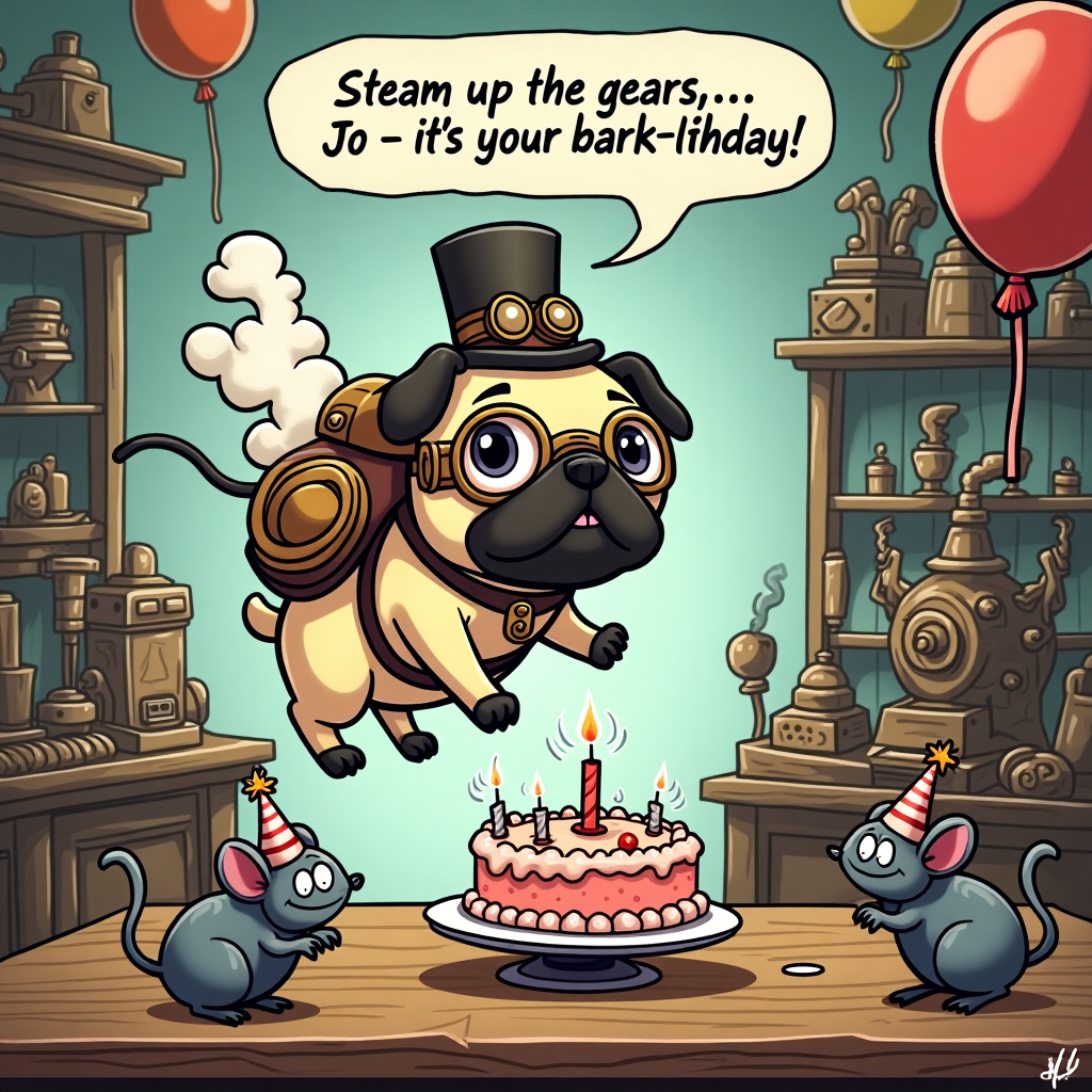 Steampunk, and Pug dog Birthday Card