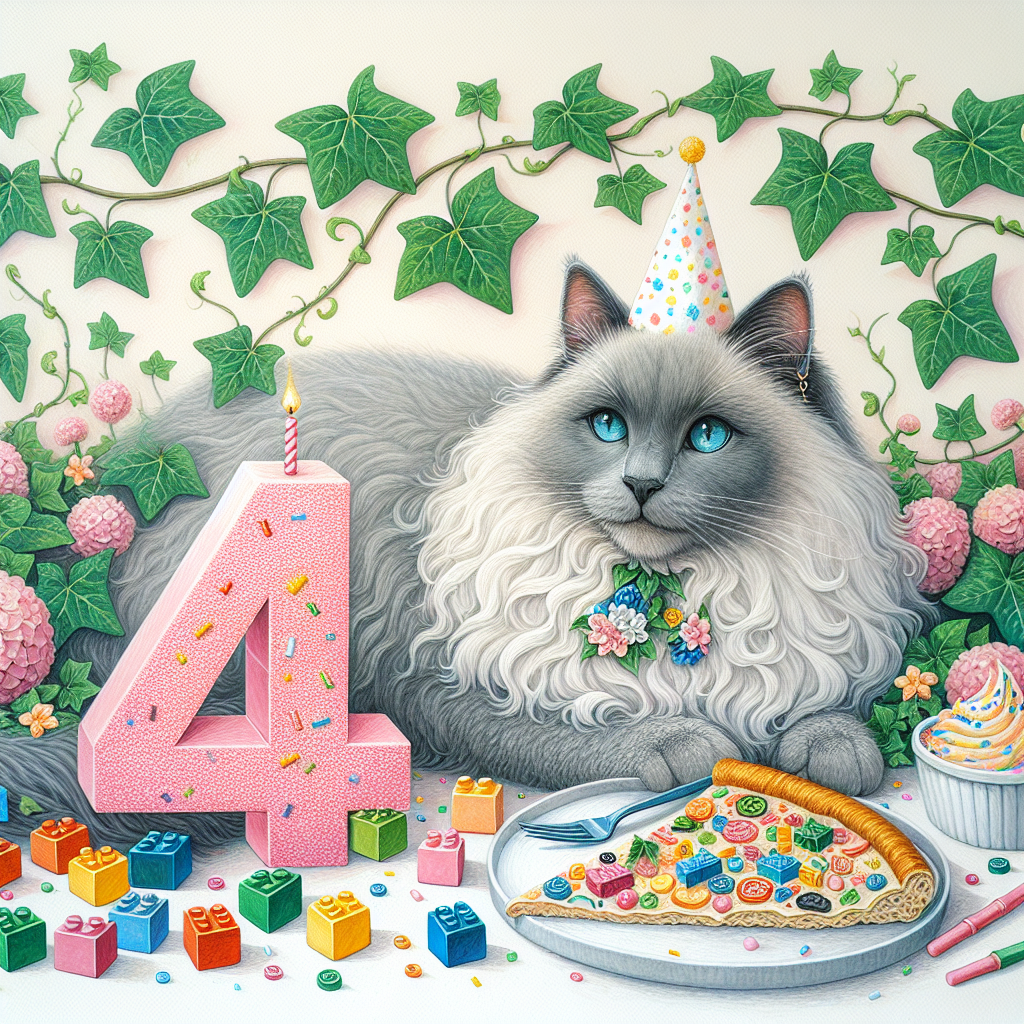 Cute grey birman cat, Pink ice cream, Ivy, 4, Birthday, Lego, and Pizza Birthday Card