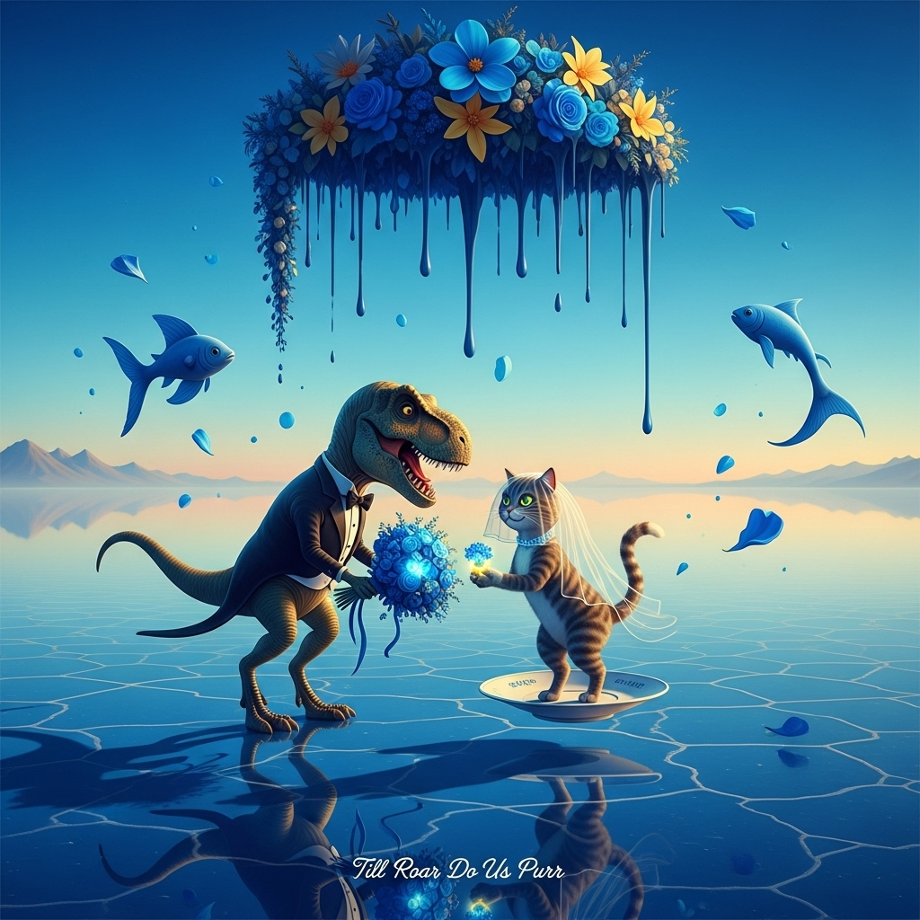 Dreamlike, Dali-inspired surreal wedding scene: an endless cobalt-blue salt flat where the cerulean sky melts into the ground; a tuxedo-wearing T. rex with a goofy grin leans down to a veiled cat bride with a mischievous whiskered smile. They exchange a glowing ring woven from blue flowers beneath a colossal floating flower arch that droops like wet paint. The cat stands on a levitating porcelain saucer; the dino’s tiny arms comically strain to present an oversized bouquet; blue petals swirl like slow-motion fish, and long elastic shadows stretch across the mirror-like floor. Ethereal golden-hour light, soft mist, elongated forms, melting shapes, otherworldly calm with a funny, whimsical vibe. Palette: deep cerulean, cyan, ultramarine with accents of ivory and warm gold. Painterly, ultra-detailed, crisp focus on the couple, gentle bokeh distance, portrait orientation, full-bleed composition.

Add a small caption at the bottom center in melting blue petal script: “Till Roar Do Us Purr.”
Generated with these themes: Blue, flower, dinosaur, cat, , and .
Made with ❤️ by AI.