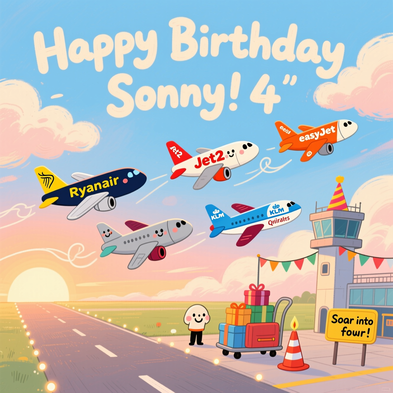 Aeroplanes, Ryanair Jet2 EasyJet Qatar KLM Emirates , Clouds sky control tower runway, and Birthday Card
