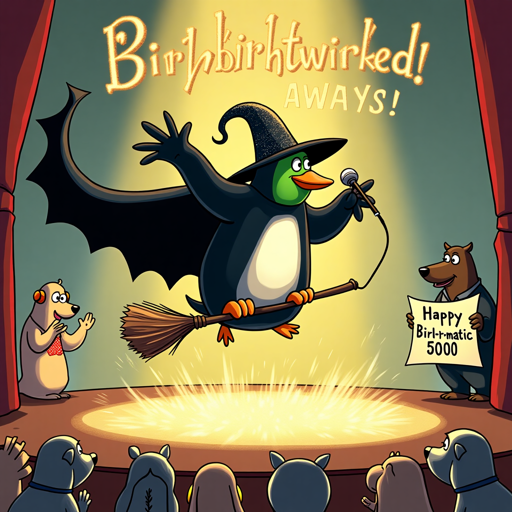 **Prompt:**

At the top of the cartoon image, the text reads:  
**"Defy gravity, Niamh – but not your age!"**

Image Description:  
A cartoon-style scene featuring Feathers McGraw (the silent, scheming penguin from Wallace and Gromit) hilariously dressed as Elphaba from Wicked — full green face paint, a sparkly witch’s hat far too big for his little penguin head, and a long flowing black cape fluttering dramatically. He’s perched ungracefully on a broomstick, wobbling mid-air above a stage that clearly isn’t holding up well under his "magical" performance. One wing clutches a microphone, the other is flung outward in dramatic Broadway style. Glitter explodes around him, and confused farm animals in the front row clap nervously.

The backdrop reads "Happy Birthwicked!" in glitzy letters, while Gromit peeks from backstage, holding a large “Happy Birthday” banner, wearing earplugs. Wallace is seen in the wings, looking perplexed, holding a malfunctioning smoke machine labeled "Flight-o-Matic 5000." The whole scene is bursting with theatrical flair and silly charm.
Generated with these themes: Feathers McGraw from Wallace and gromet performing as Elphaba.
Made with ❤️ by AI.