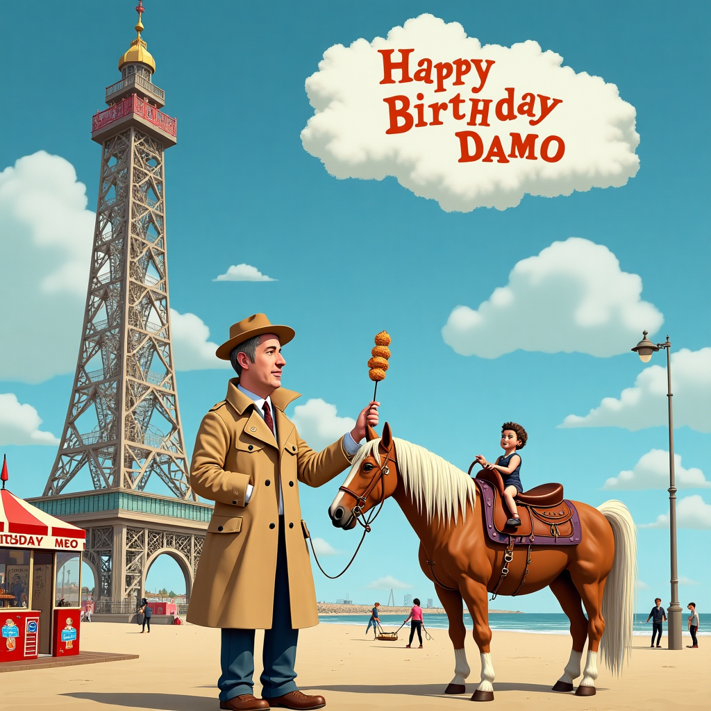 Rodney trotter standing outside Blackpool tower, Eating tiny lamb chops, and Riding a horse Birthday Card