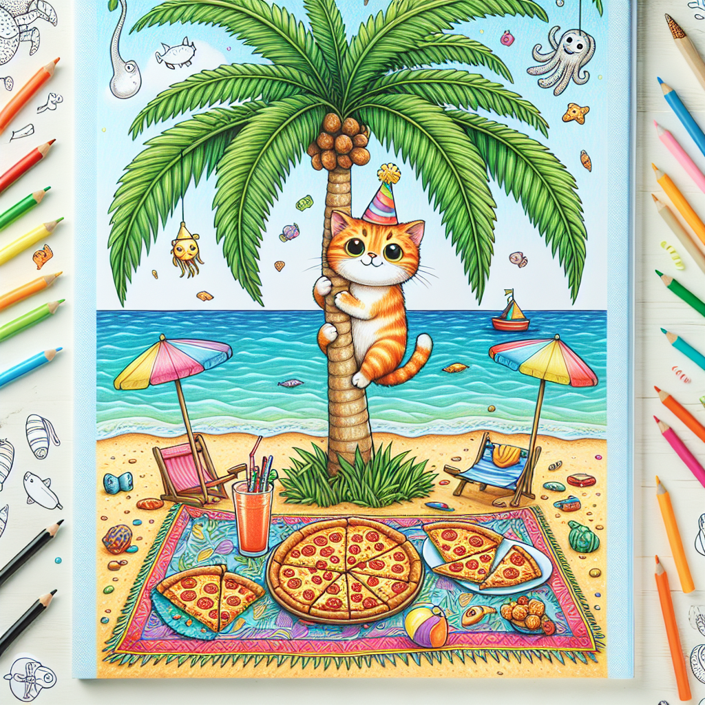 A serene beach scene features a charming orange-colored cat wearing a tiny party hat, extraordinarily climbing a palm tree. Not far from the tree, there is a beachside birthday party taking place. A variety of pizzas are stylishly spread out on a vibrant blanket with some slices evidently eaten. The ocean in the backdrop adds a delightful sheen to the scene, complementing the intricately dropped drawing tools and sketches of ocean living creatures that festoon the outer boundaries of the lively illustration.
Generated with these themes: Ginger cat, Climbing, Beach, Pizza, and Drawing.
Made with ❤️ by AI.