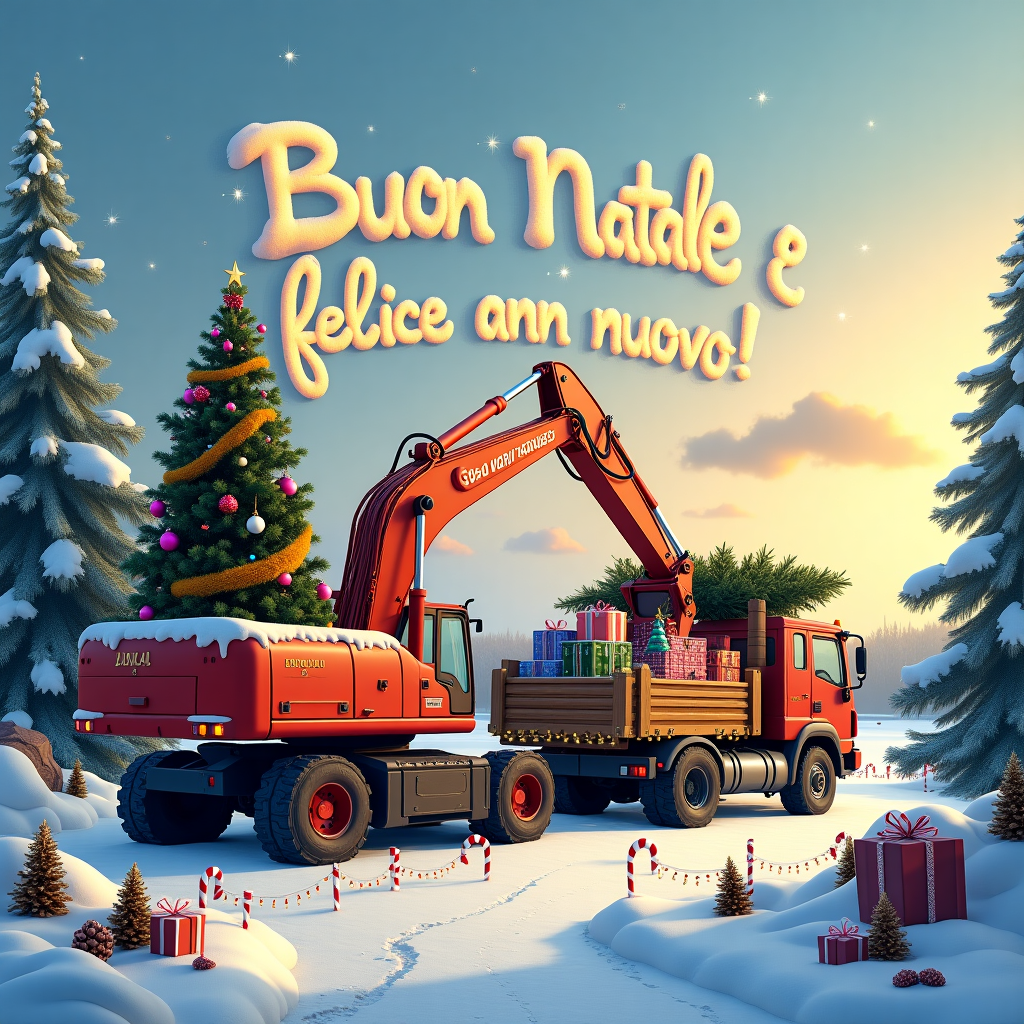 The scene is set in a picturesque snowy landscape, under the soft, golden glow of a setting winter sun. In the foreground, a large excavator, painted in festive red with a golden ribbon wrapped around its arm, gently lifts a beautifully adorned Christmas tree, the ornaments twinkling like stars. Beside it, a sturdy camion, its cargo area brimming with colorful gift boxes and Christmas decorations, waits patiently. The camion is festooned with a string of twinkling fairy lights, adding to the festive atmosphere. The snow-covered ground is scattered with pine cones and candy canes, giving a whimsical touch. In the background, a line of snow-covered fir trees stands tall, their branches dusted with sparkling frost. In the sky, written in gentle, swirling clouds, are the words "Buon Natale e felice anno nuovo!" The clouds have formed in such a way that the message looks as if it was carefully crafted by the wind, a magical touch to the wintry wonderland. This serene and festive construction site, with its machines at rest and nature blanketed in white, tells a story of hard work pausing to embrace the joy of the holiday season.
Generated with these themes: Escavatore, and Camion.
Made with ❤️ by AI.