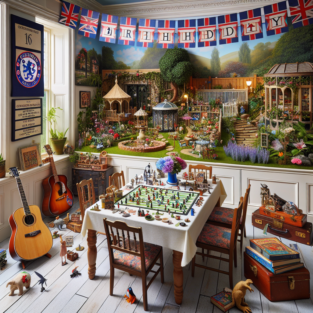 Imagine a birthday venue that brims with an undeniable British charm. It brings together various interests into a harmonious, realistic scene. In one corner, there's an intricately designed garden. It houses miniature gardening tools and flourishing flowers, encouraging guests to appreciate the splendor of nature. Memorabilia from a popular English football club is cherry-picked and placed thoughtfully, arousing a feeling of pride and tradition. Tabletop RPGs are all set, offering playful escapades. An acoustic guitar is propped against a chair, prepared for a spontaneous harmonious lull. Above hangs a banner adorned with illustrations of wildlife native to Britain, infusing a whimsical aura into this sophisticated assemblage.
Generated with these themes: RPGs, Tottenham Hotspur football club , Gardening , British wildlife , and Acoustic guitar.
Made with ❤️ by AI.