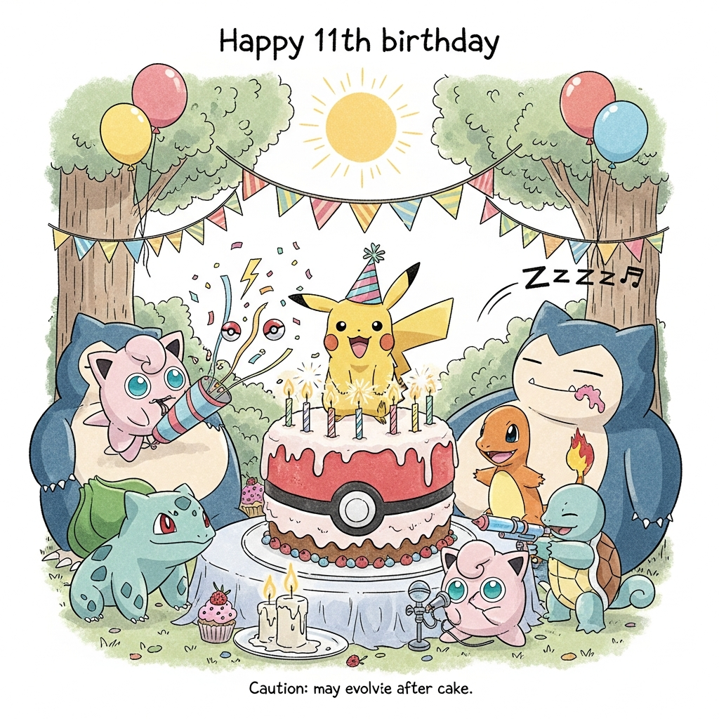 At the top of the Illustration Style image, "Happy 11th birthday "

Hand-drawn illustration with fine linework, textured brush strokes, balanced composition, and a warm, expressive color palette. In a sun-dappled forest clearing, a giant Poké Ball cake sits center stage with 11 flickering candles. Pikachu, wearing a party hat, grins as tiny sparks from its cheeks make the candles dance; Charmander carefully lights one with its tail flame while Squirtle stands by with a tiny water gun, ready for “fire safety.” Bulbasaur pops a confetti cannon from its bulb, streamers shaped like lightning bolts and mini Poké Balls swirling around. Jigglypuff belts a tune into a frosting-piped microphone while Snorlax snoozes behind the table like a giant beanbag, a smudge of icing on its cheek. Balloons, bunting, berries, and cupcakes decorate the scene; candlelight casts a cozy glow on frosting and faces. Include playful motion lines, soft shadows, and subtle paper texture for a tactile, hand-drawn feel.

At the bottom in a small, cheeky handwritten caption: "Caution: may evolve after cake."
Generated with these themes: Pokamon , and .
Made with ❤️ by AI.