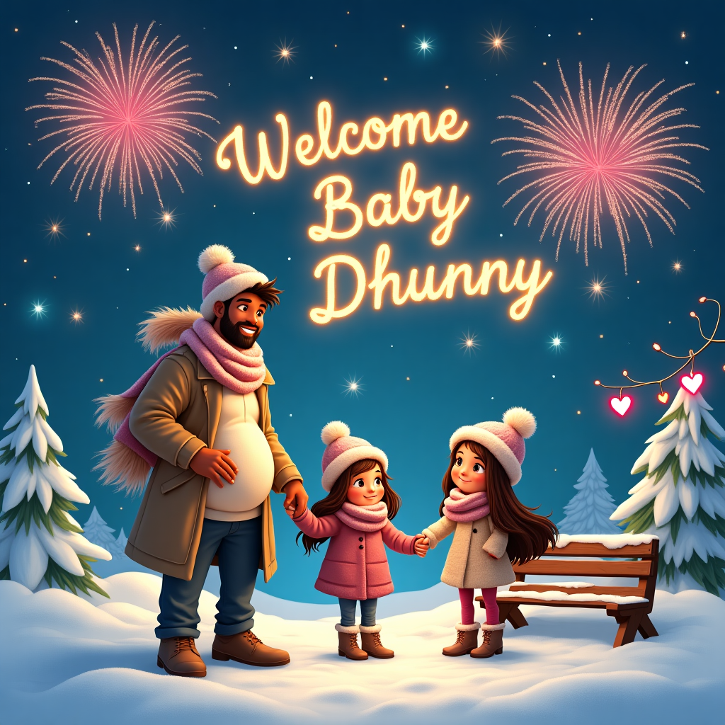 In a magical winter wonderland, the scene unfolds in a snow-dusted, open field under a sky bursting with vibrant fireworks. It's nighttime, and the sparkling stars add an extra twinkle to the festivities. In the foreground, a cozy family tableau takes center stage: a mother with flowing blonde hair, dressed warmly in a thick knitted scarf and coat, stands lovingly with her hand resting on her pregnant belly, signaling the exciting "coming soon" arrival of baby Dhunny. To her left, a father with light brown skin and short black hair, bundled in a snug woolen beanie and coat, smiles warmly, holding her other hand. They stand surrounded by their two daughters, who have long, rich brown hair cascading down their backs. The sisters, dressed in matching winter outfits with fluffy hats, gleefully point towards the sky where the fireworks explode in a dazzling array of colors, forming the words "Welcome Baby Dhunny" in shimmering, sparkling letters. In the background, a quaint wooden bench is lightly dusted with snow, adding a cozy, homely touch to the scene, while a cluster of heart-shaped fairy lights hanging from a nearby tree glows softly, symbolizing the love that binds this family together. The entire scene is infused with warmth despite the wintry chill, as every element comes together to tell the story of anticipation and love for the newest member of the family.
Generated with these themes: 2025, Fireworks, Coming soon, Love, Outside, Realistic, 2 sisters brown  long hair, Mother blonde hair and pregnant, Father light brown skin short black hair, Cozy, and Winter.
Made with ❤️ by AI.