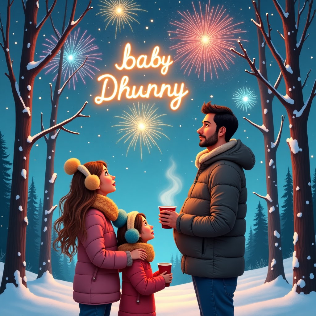 In this surrealistic, winter wonderland photograph, a cozy family scene unfolds amidst a night sky painted with the explosive colors of fireworks announcing the arrival of 2025. The landscape is a snow-blanketed park, where towering, frost-tipped trees stand sentry to the celebration. In the foreground, two sisters with flowing brown hair are bundled in vivid, oversized scarves and fluffy earmuffs, their eyes wide with wonder as they gaze upwards. Nearby, their mother, with cascading blonde locks that catch the glow of the firework light, is dressed in a snug, knitted sweater, her pregnant belly cradled by her gentle hands, symbolizing the promise of new life and the love she carries. The father, with his light brown skin and short black hair, stands close, wearing a quilted jacket and holding a steaming cup of hot chocolate. He looks up, a proud smile curving his lips as his breath mingles with the wintry air. In the crisp night sky, an array of brilliant fireworks explodes, casting vibrant hues across the scene. Amongst the sparkling fireworks, the name "baby Dhunny" shimmers, elegantly spelled out by the sparkling trails of a golden firework, ensuring it is the centerpiece of this enchanting sky display. The words "Coming Soon" subtly weave through the clouds, as though whispered by the winter wind, completing this magical, family tableau that celebrates the imminent arrival of their newest member.
Generated with these themes: 2025, Fireworks, Coming soon, Love, Outside, Realistic, 2 sisters brown  long hair, Mother blonde hair and pregnant, Father light brown skin short black hair, Cozy, and Winter.
Made with ❤️ by AI.