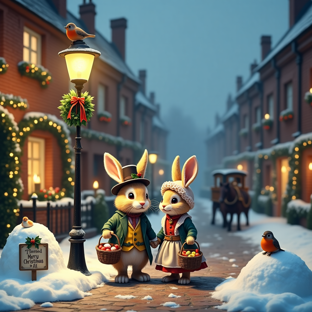 2 bunnies in charles dickens style Christmas Card