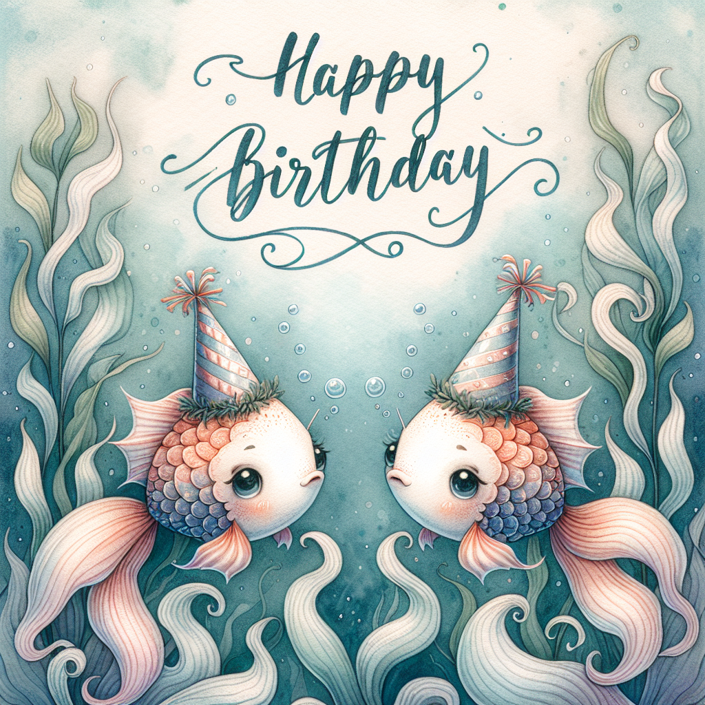 A charming illustration on a birthday card showing a sweet Pisces pair of cartoonish fish, adorned with party hats. They are surrounded by a gentle watercolor wash that imitates the ocean. Above them, in graceful, flowing script, reads the phrase 'Happy Birthday', integrated seamlessly with the waving aquatic plants.
Generated with these themes: Pisces Birthday Cards.
Made with ❤️ by AI.