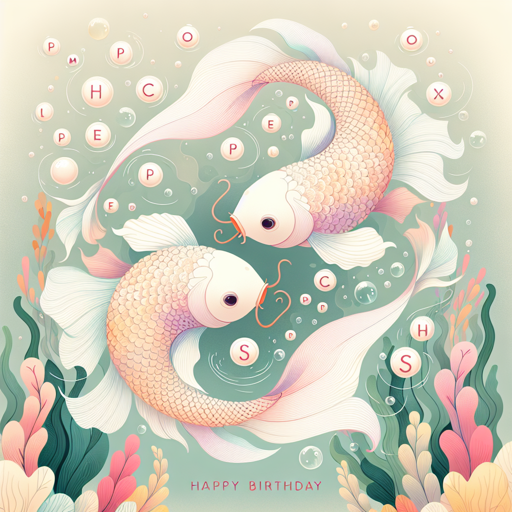 A whimsical Pisces birthday card featuring two cuddly koi fish swimming in a circular motion, forming the shape of the Pisces symbol. The scene is set against a soft, pastel background of underwater flora. Bubbles drift upwards, carrying the message 'Happy Birthday' in playful, bubble-like letters.
Generated with these themes: Pisces Birthday Cards.
Made with ❤️ by AI.