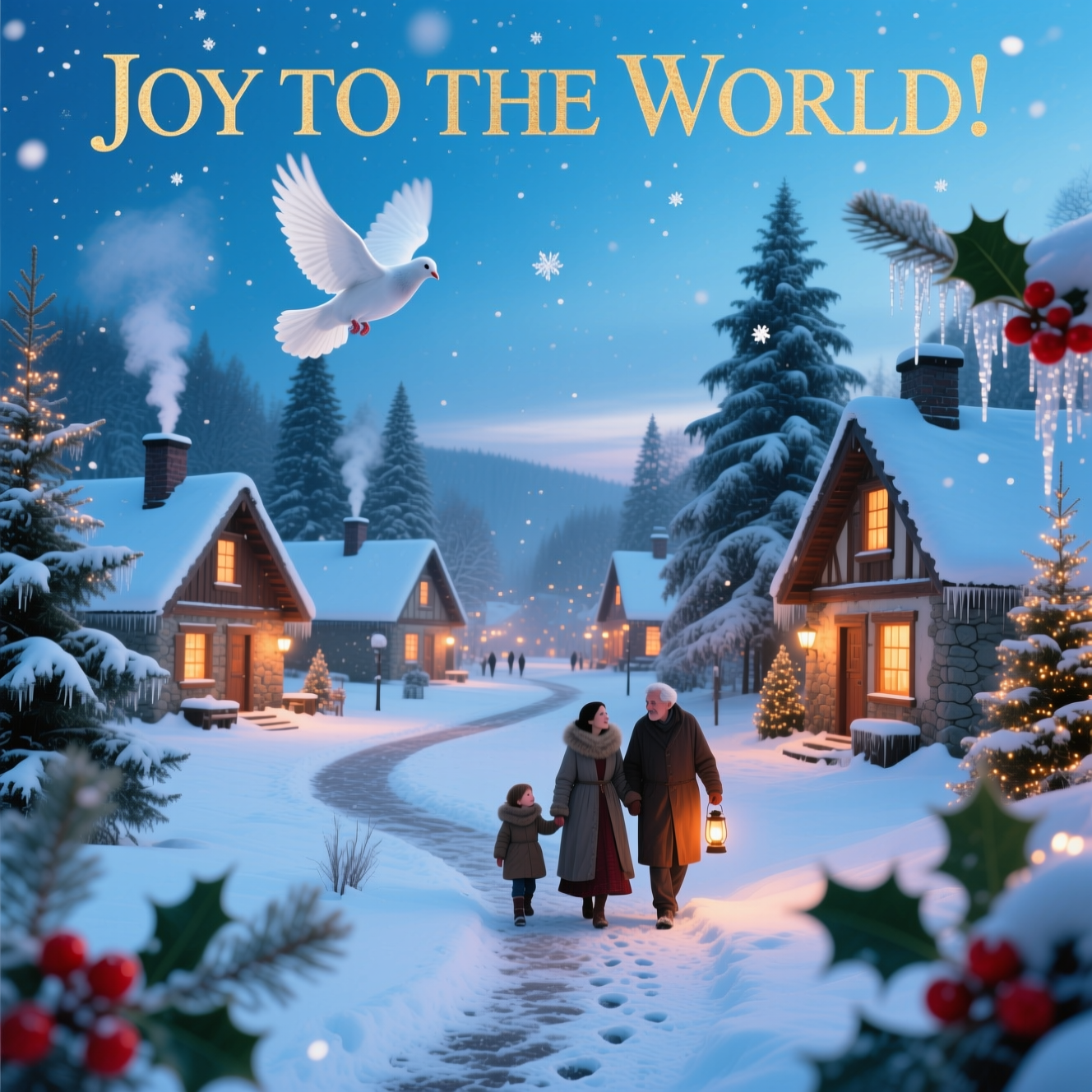At the top of the Photorealistic picture taken from a camera image, JOY TO THE WORLD!

Ultra-high-definition 4K UHD, lifelike textures, accurate lighting, rich depth of field; portrait orientation (4:5). A sincere, peaceful winter evening in a snow-kissed Christmas village: an eye-level view down a gently winding path leading from the bottom foreground into a cozy square lined with timber-and-stone cottages whose windows glow warmly, faint chimney smoke drifting upward. Tall evergreens, heavy with fresh snow, form the backdrop. In the immediate left and right foreground, smaller evergreens and sprigs of holly with bright red berries frame the scene, slightly out of focus for a natural vignette. Bundled-up villagers walk along the path—parents and child hand-in-hand, an elderly couple with a lantern—soft footprints in the powder, breath visible in the crisp air, natural candid expressions. Overhead, just below the title against a luminous blue-hour sky, a single white dove glides with wings outstretched, feathers crisply detailed with a hint of motion blur on the tips. Light, delicate snowfall sparkles; icicles and snow crystals catch the warm lamplight. Color palette: cool blues and clean whites contrasted with warm amber window glow, deep evergreen greens, and holly reds. Shot on a full-frame DSLR, 50mm lens, f/5.6, ISO 200, 1/250s; high dynamic range, natural color, realistic contrast. Text styling: “JOY TO THE WORLD!” in an elegant classic serif, soft brushed-gold look with subtle emboss and a gentle drop shadow for legibility, centered at the top against open sky; no other text.
Generated with these themes: Create a Christmas Village with snow and a dove overhead, and .
Made with ❤️ by AI.