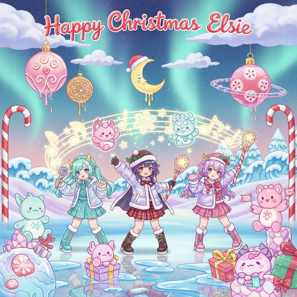 At the top of the Surreal Style image, the text "Happy Christmas Elsie" in hand-lettered, candy-cane striped script, frosted with glittering ice crystals and glowing softly like aurora light

Dreamlike, cute Christmas scene in Dali-inspired surrealism: a pastel winter dreamscape where frosting dunes curl like ocean waves and peppermint checkerboard paths bend upward into the sky. Ethereal rosy-teal light beams drift through cotton-candy clouds; a crescent moon in a tiny Santa hat melts silver tinsel that rains down as sparkling snow. Melting gingerbread clocks drape over giant glass ornaments that orbit like planets; reflections in sugar-glass puddles show an upside-down, starry version of the scene.

Center stage: a 4-member K-pop demon-hunter idol group in dynamic choreography poses, radiant and adorable. Iridescent puff jackets, tartan mini-capes, holographic boots, sequined Santa berets, holly hair clips; shimmering rune stickers on their cheeks and stardust freckles. They wield microphone-scepters and candy-cane blades that sing with light; glowing musical notes spiral from their dance, morphing into snowflakes and haloing them with magical circles.

The “demons” are plush, mochi-soft, pastel critters (mint, lavender, blush) with tiny horns, mitten paws, and cozy scarves—more mischievous than scary. Their giggles float in little bauble-snowglobes conjured by the music; some peek from behind melting gift boxes and marshmallow stalagmites, waving tiny flags shaped like hearts. Shadows stretch into playful antlers and candy bows; ribbons of sound weave through floating gumdrop stars.

Palette: frosted pastels (mint, blush pink, lilac, icy teal) with pops of holly red and warm gold. Lighting: ethereal rim light, soft bokeh snow, pearly glow, gentle volumetric haze. Composition: portrait poster framing with airy space at the top for the greeting, heroes slightly low-angle heroic, swirling ribbons leading the eye. Ultra-cute, whimsical, heartwarming, richly detailed painterly illustration with smooth gradients and soft diffusion.

At the bottom, a small sparkling silver brush-script caption: "Sleigh the demons, drop the beat!"
Generated with these themes: KPOP DEMON HUNTERS, and .
Made with ❤️ by AI.
