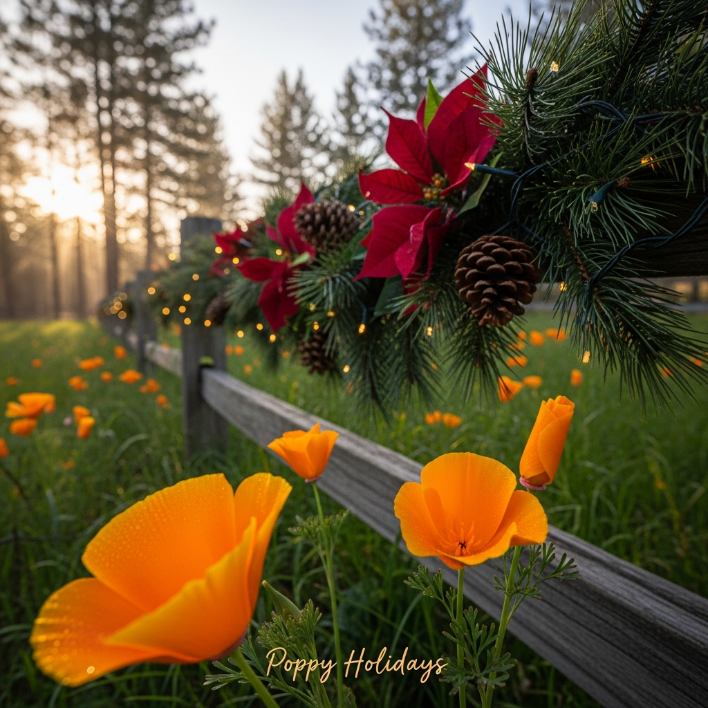 Photorealistic 4K UHD vertical photograph, sincere and tranquil. Late-afternoon golden hour in a Northern California meadow. Low perspective with glowing California poppies in the foreground—petals slightly translucent with tiny dewdrops, a few blooms in crisp focus and the rest gently softened. Midground: a weathered wooden fence draped with fresh pine bough garland, small pinecones, and clusters of deep red poinsettias woven in, with warm white micro-LED fairy lights creating soft bokeh glints. Background: tall pine trees receding into a light atmospheric haze, sunbeams filtering through needles, subtle lens flare, true-to-life colors—evergreen, poinsettia red, and poppy orange in harmonious balance. Clean composition with rule-of-thirds, natural vignette, accurate lighting, lifelike textures, rich depth, no people, no snow, no ornaments beyond the garland. Shot on a full-frame mirrorless with a 35mm prime, f/5.6, ISO 100, 1/200s; smooth background blur and crisp micro-contrast. Add one small caption at the bottom center in elegant warm-white hand-lettered script with a very subtle shadow: “Poppy Holidays”. No other text or logos.
Generated with these themes: Pine trees, California poppies, Poinsettia , and .
Made with ❤️ by AI.